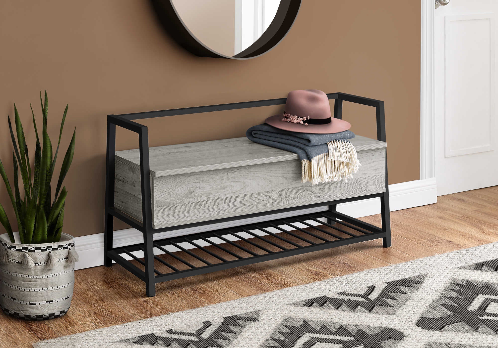 BANC - 42"L / RANGEMENT GRIS / METAL NOIR ( Meuble Mtl )