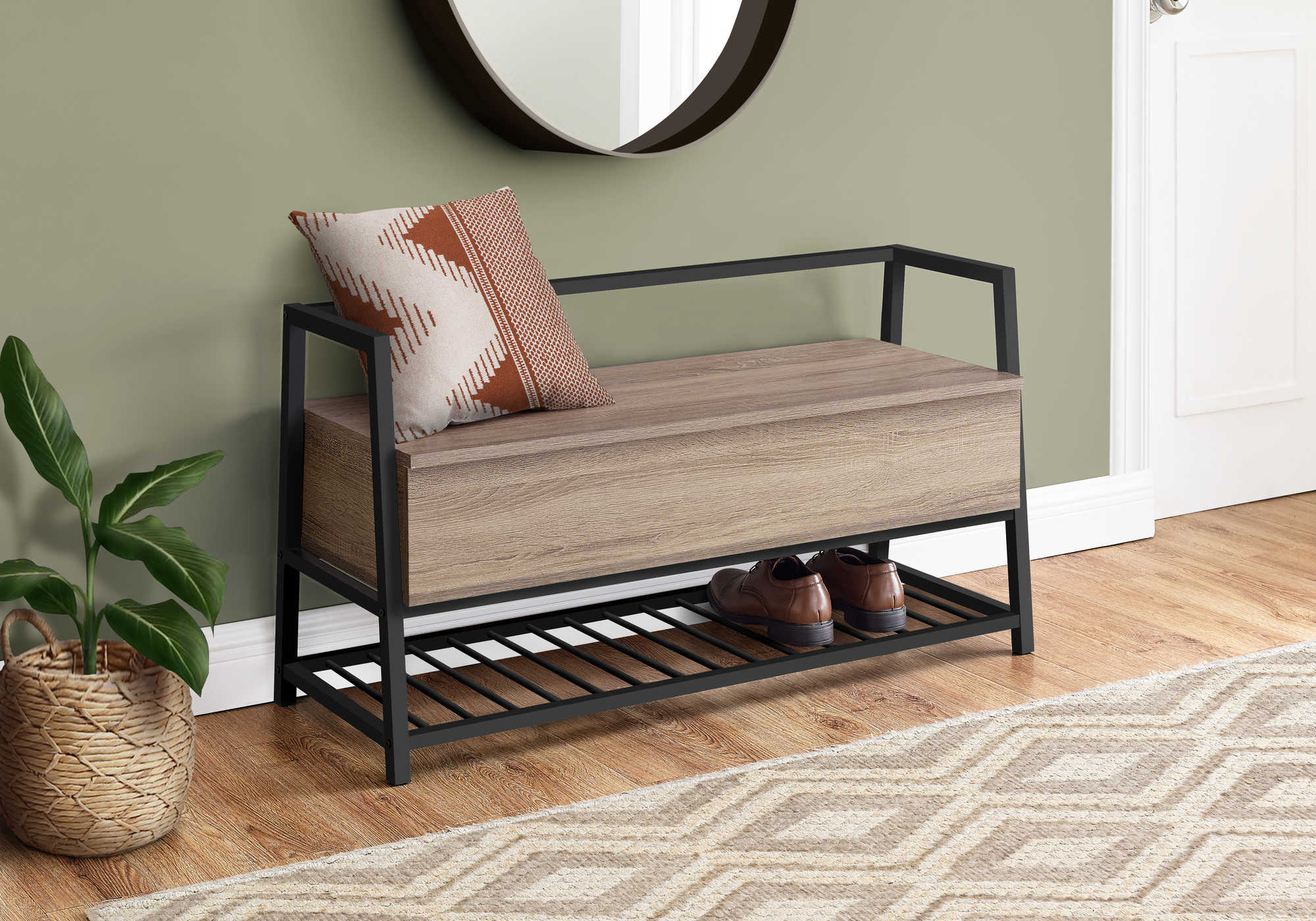 BANC - 42"L / RANGEMENT TAUPE FONCÉ / METAL NOIR ( Meuble Mtl )