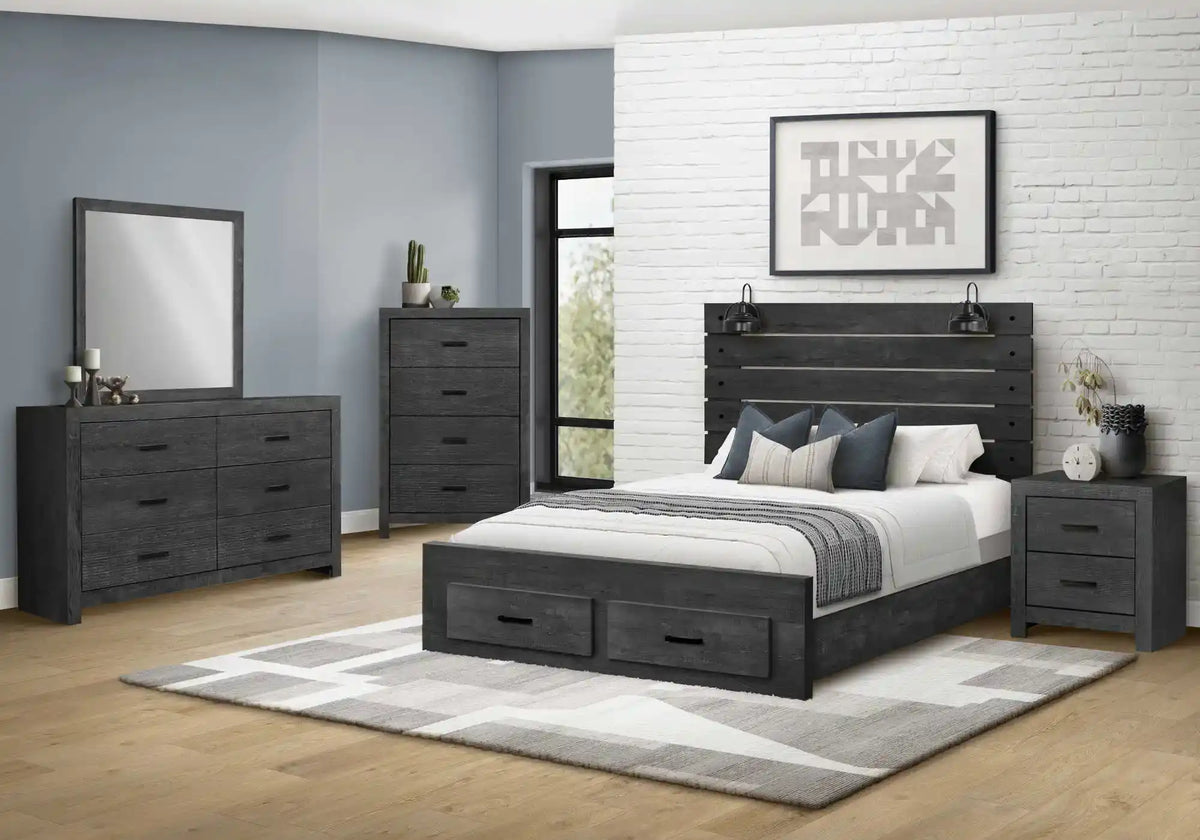 Lit Queen – Gris graphite, 2 lumières et rangement