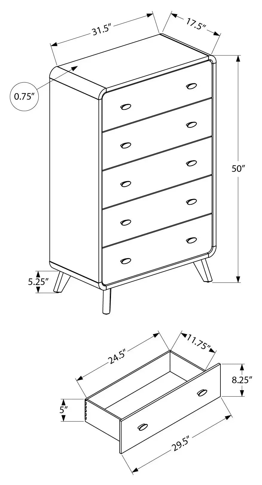 Commode 5 tiroirs Monarch Specialties – Noyer, style mi-siècle