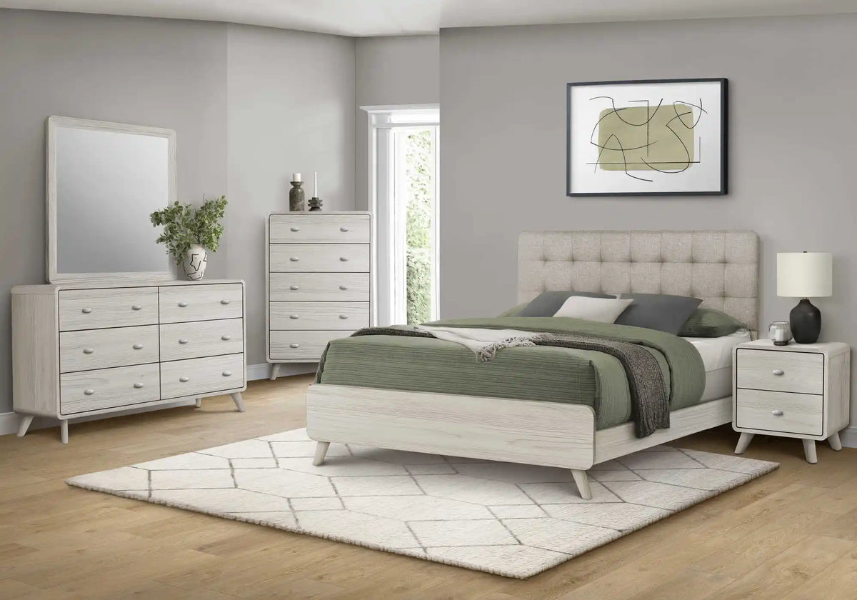 Lit Queen Monarch Specialties – Tissu beige et fini chêne gris