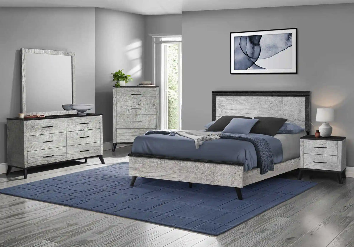 Lit Queen gris effet bois récupéré avec cadre noir – Style moderne