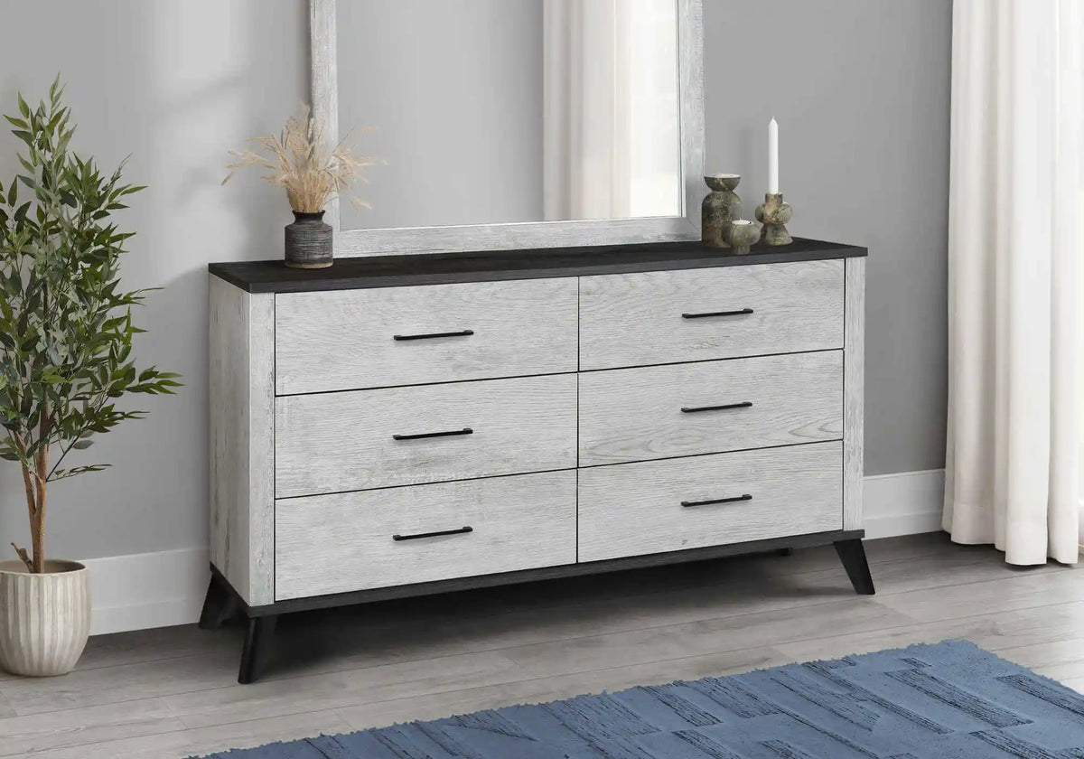 Commode 6 tiroirs gris effet bois récupéré avec dessus noir