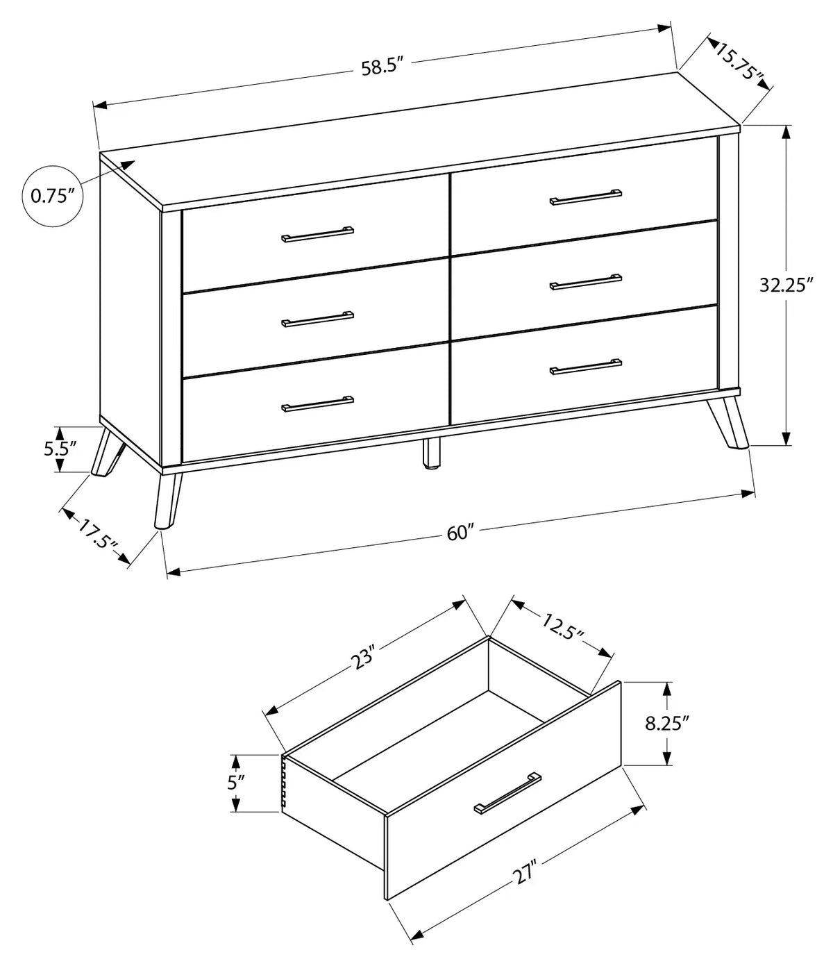 Commode 6 tiroirs gris effet bois récupéré avec dessus noir