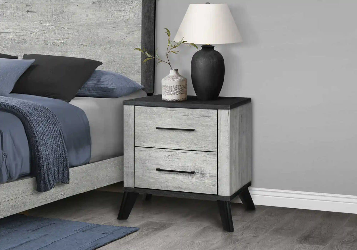 Table de chevet 2 tiroirs gris effet bois récupéré avec dessus noir