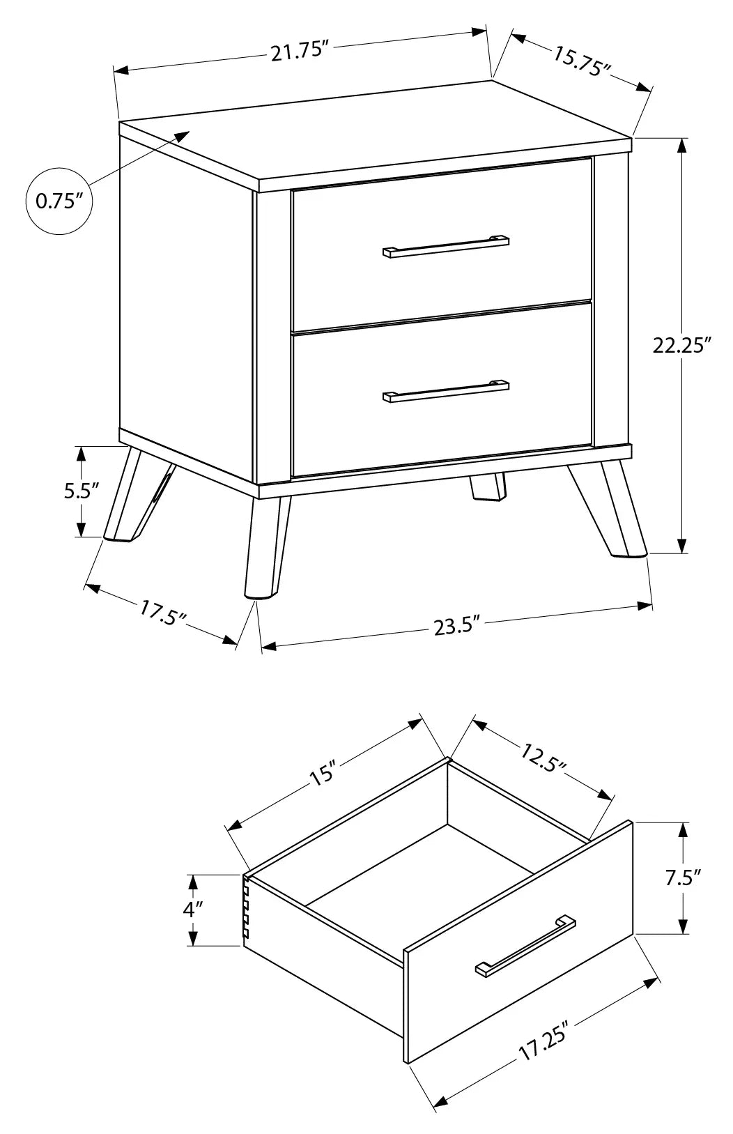 Table de chevet 2 tiroirs gris effet bois récupéré avec dessus noir