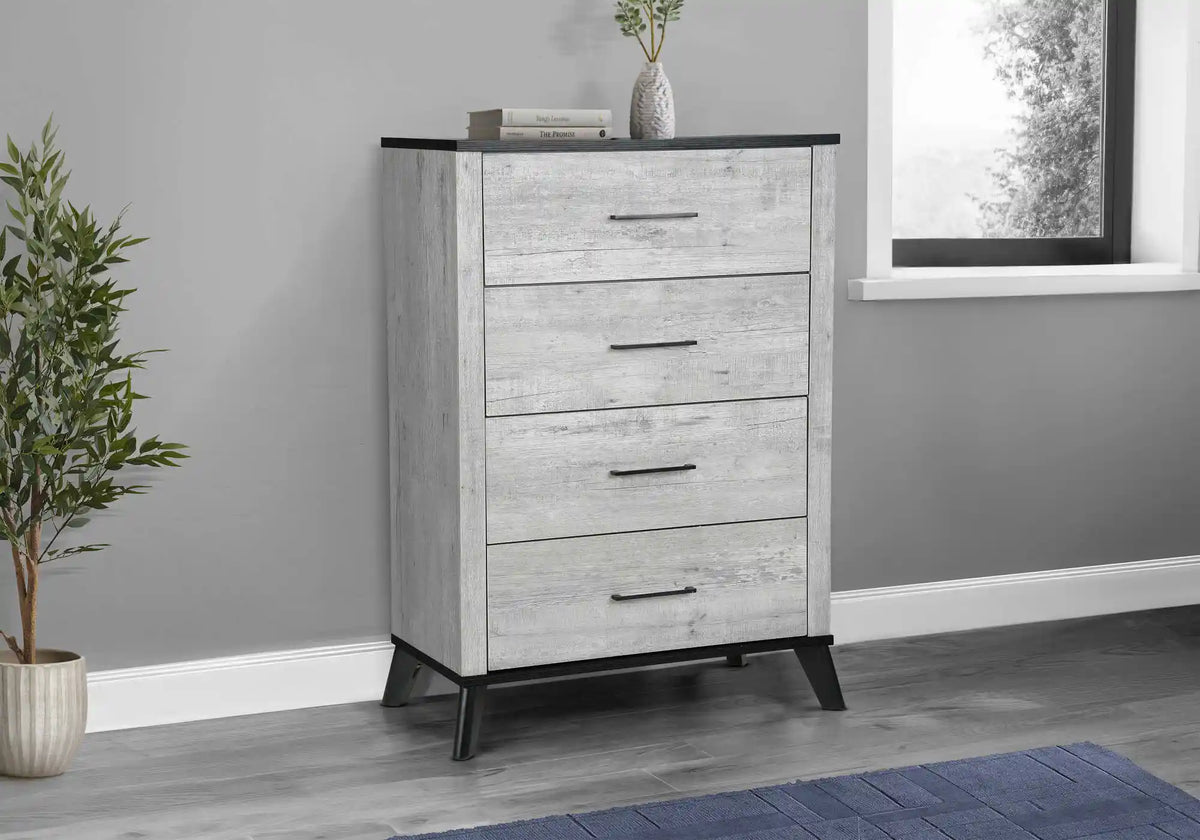 Commode 4 tiroirs gris effet bois récupéré avec dessus noir