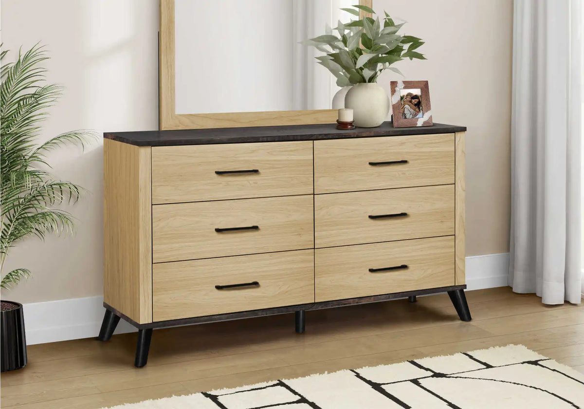 Commode 6 tiroirs en chêne clair avec dessus effet chêne rustique