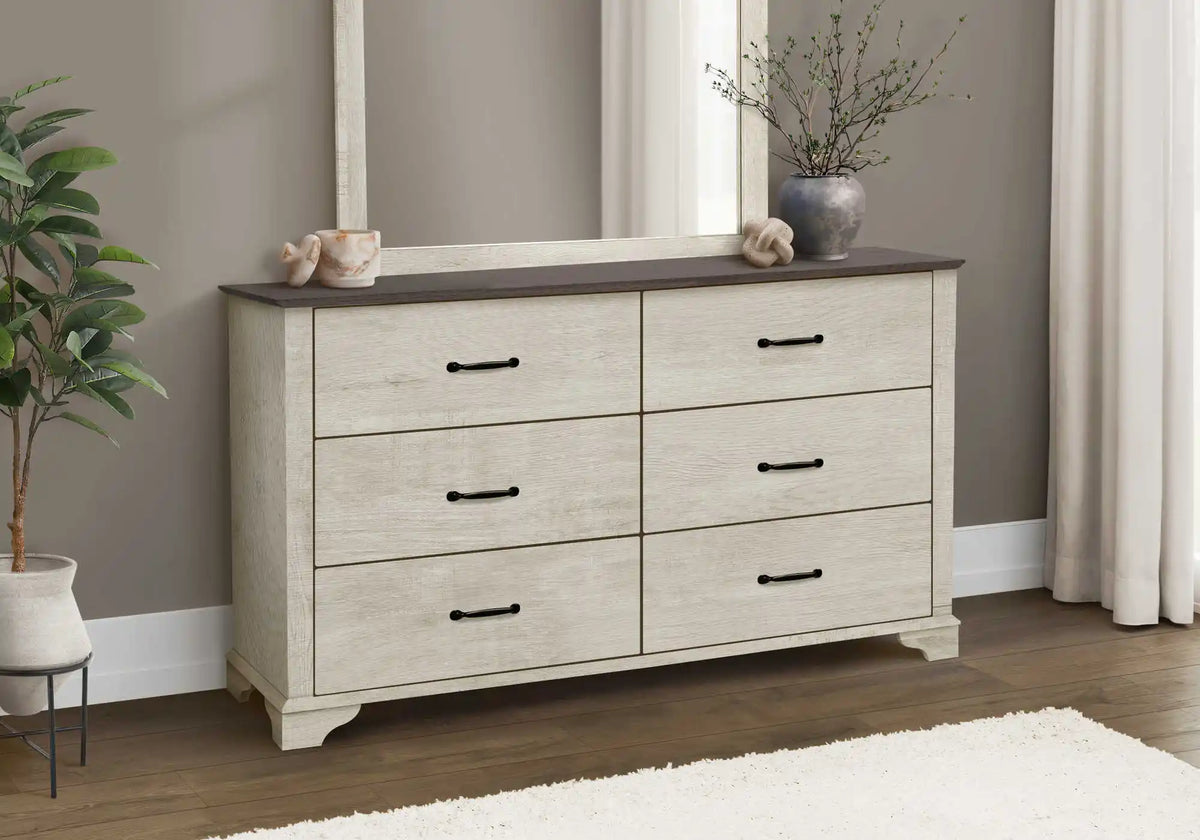 Commode 6 tiroirs en chêne blanchi avec dessus chêne brun