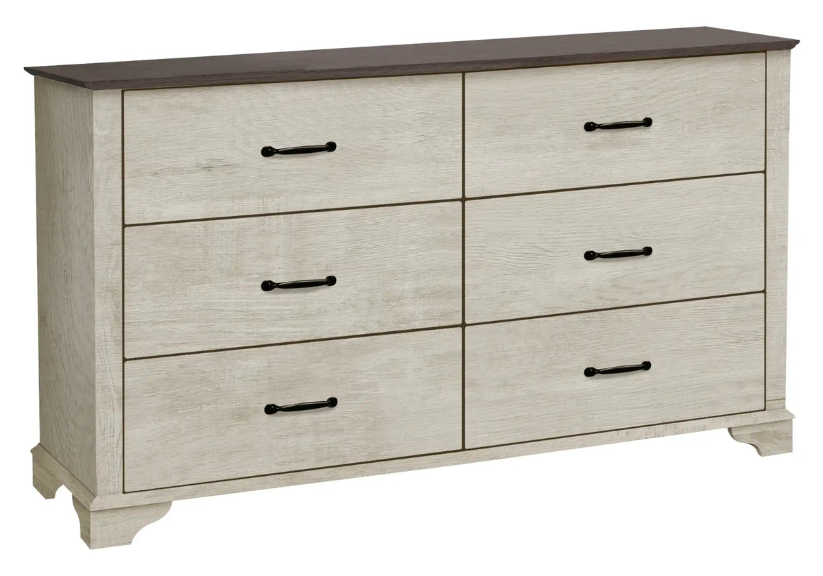 Commode 6 tiroirs en chêne blanchi avec dessus chêne brun