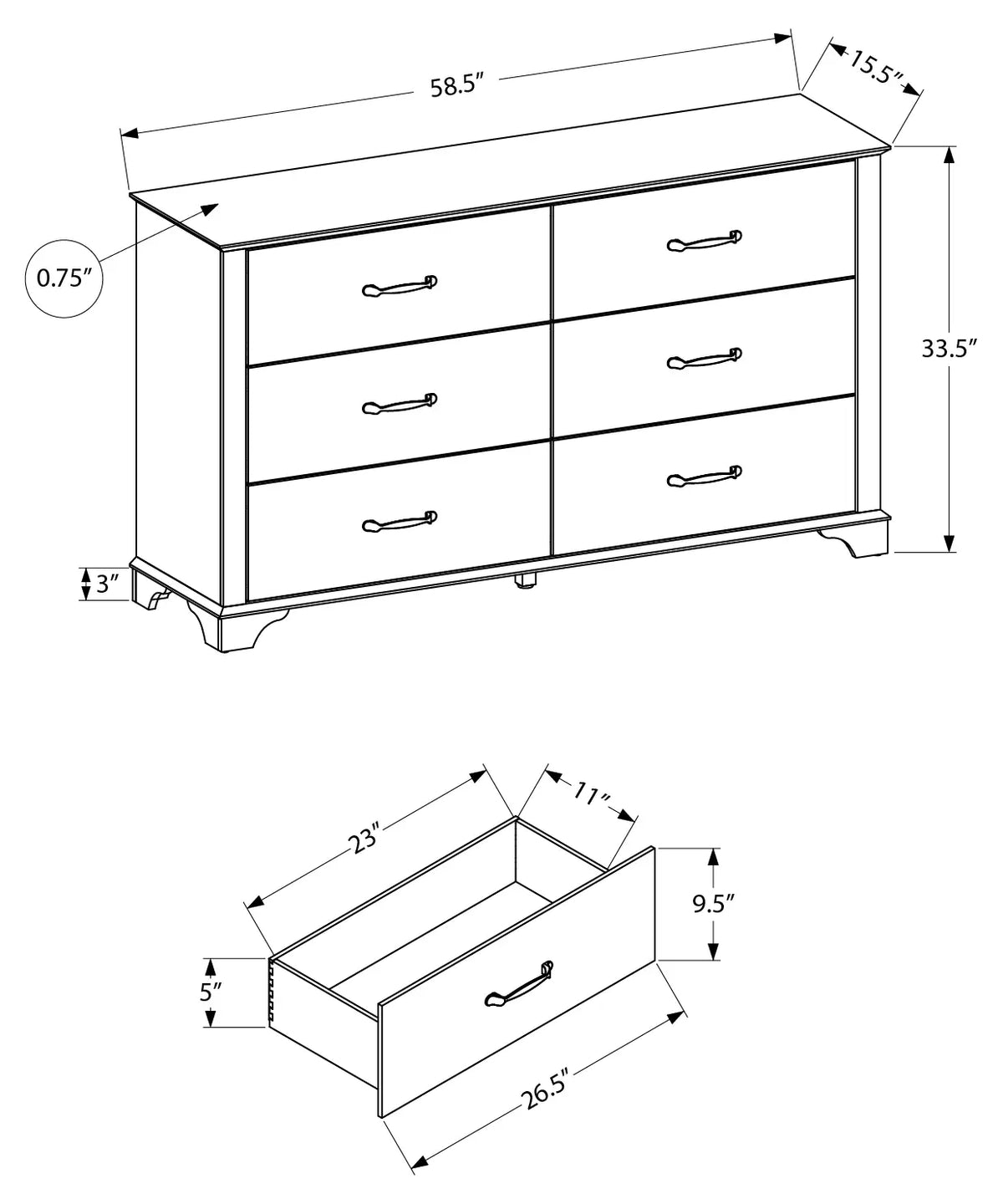 Commode 6 tiroirs en chêne blanchi avec dessus chêne brun