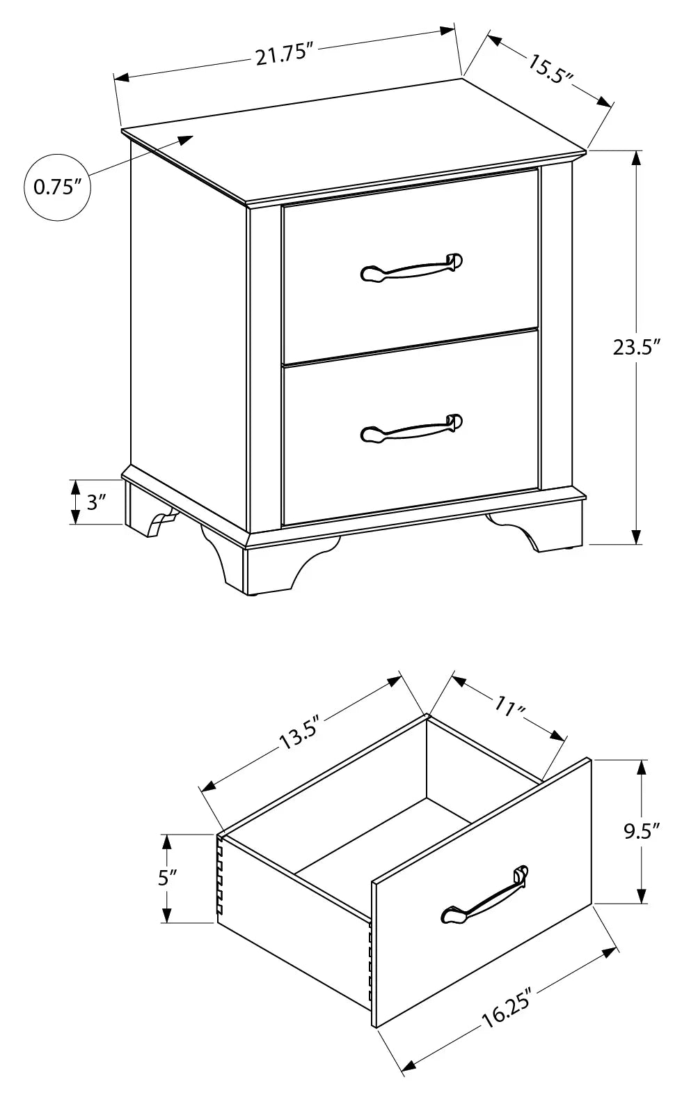Table de chevet 2 tiroirs en chêne blanchi avec dessus chêne brun