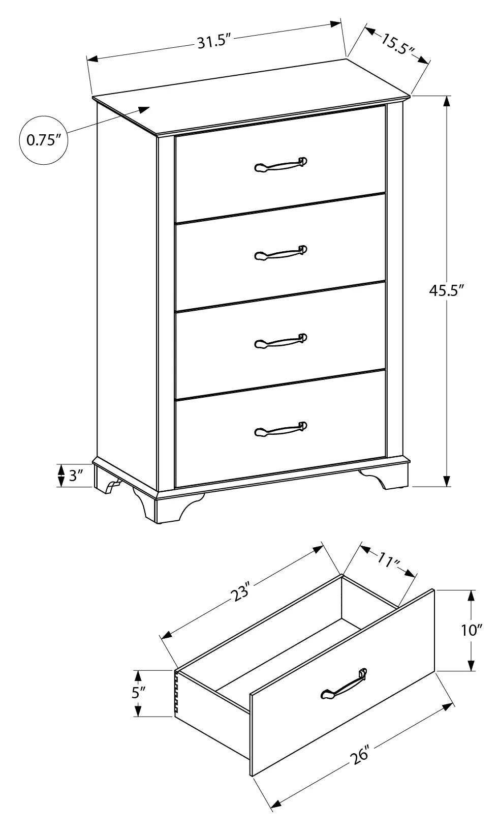Commode 4 tiroirs en chêne blanchi avec dessus chêne brun