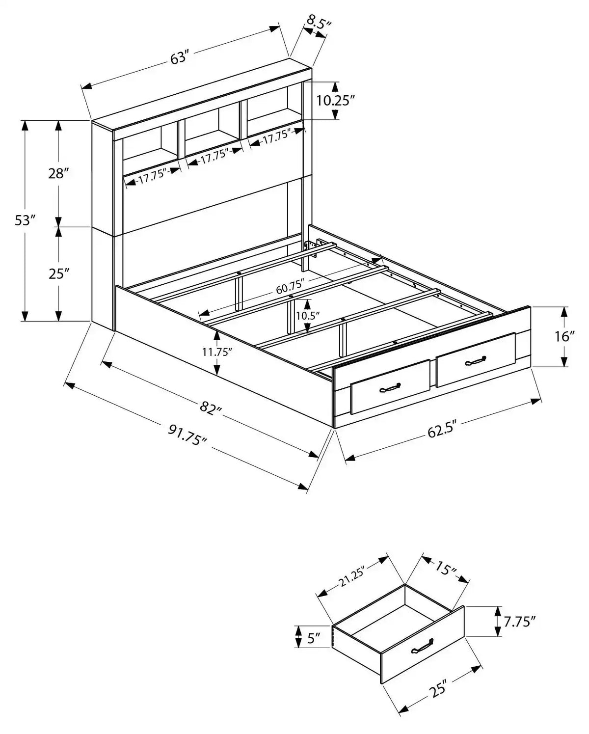 Monarch Specialties Lit Queen avec rangement – Fini chêne moyen