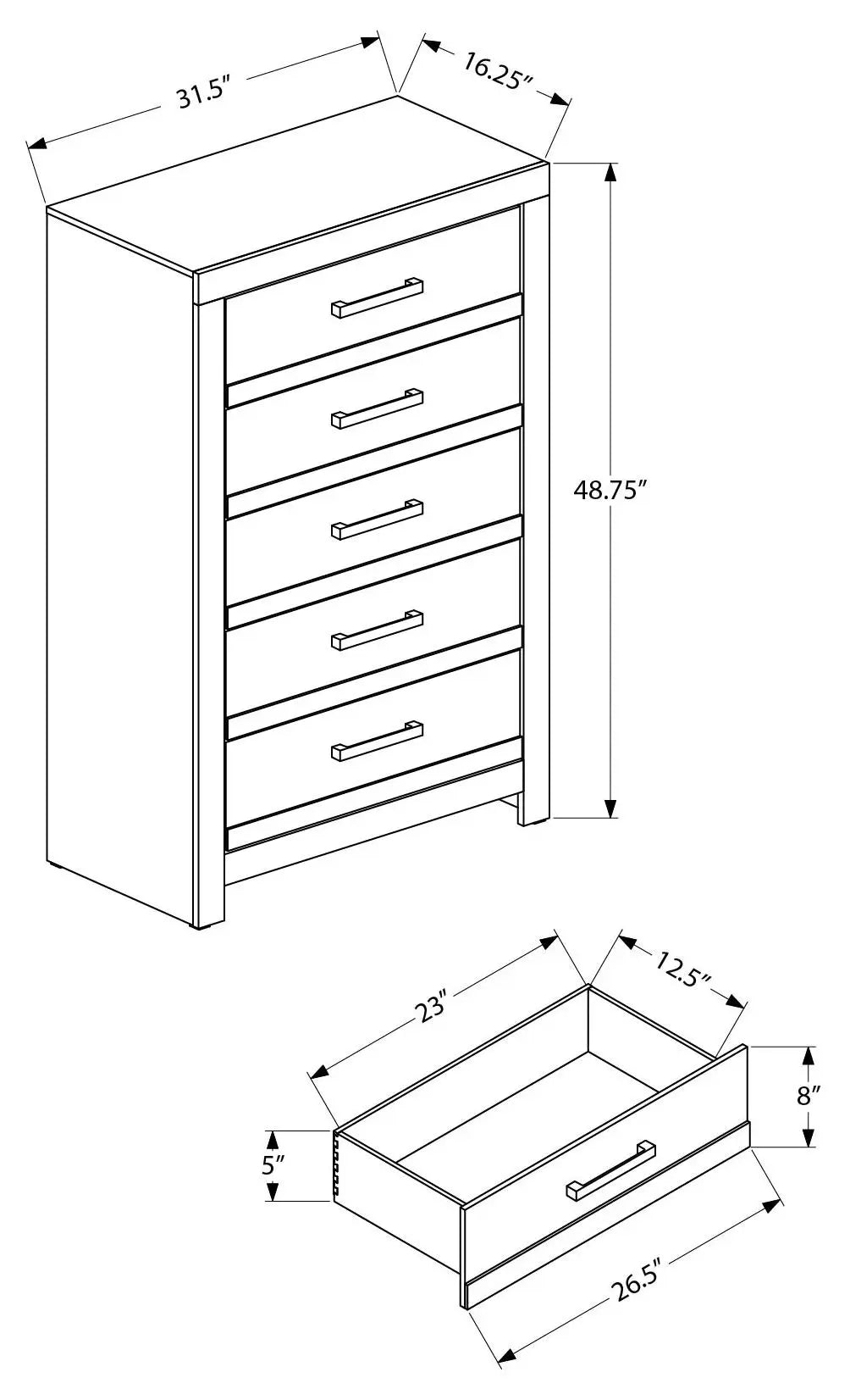 Commode 5 tiroirs pour chambre – Fini naturel