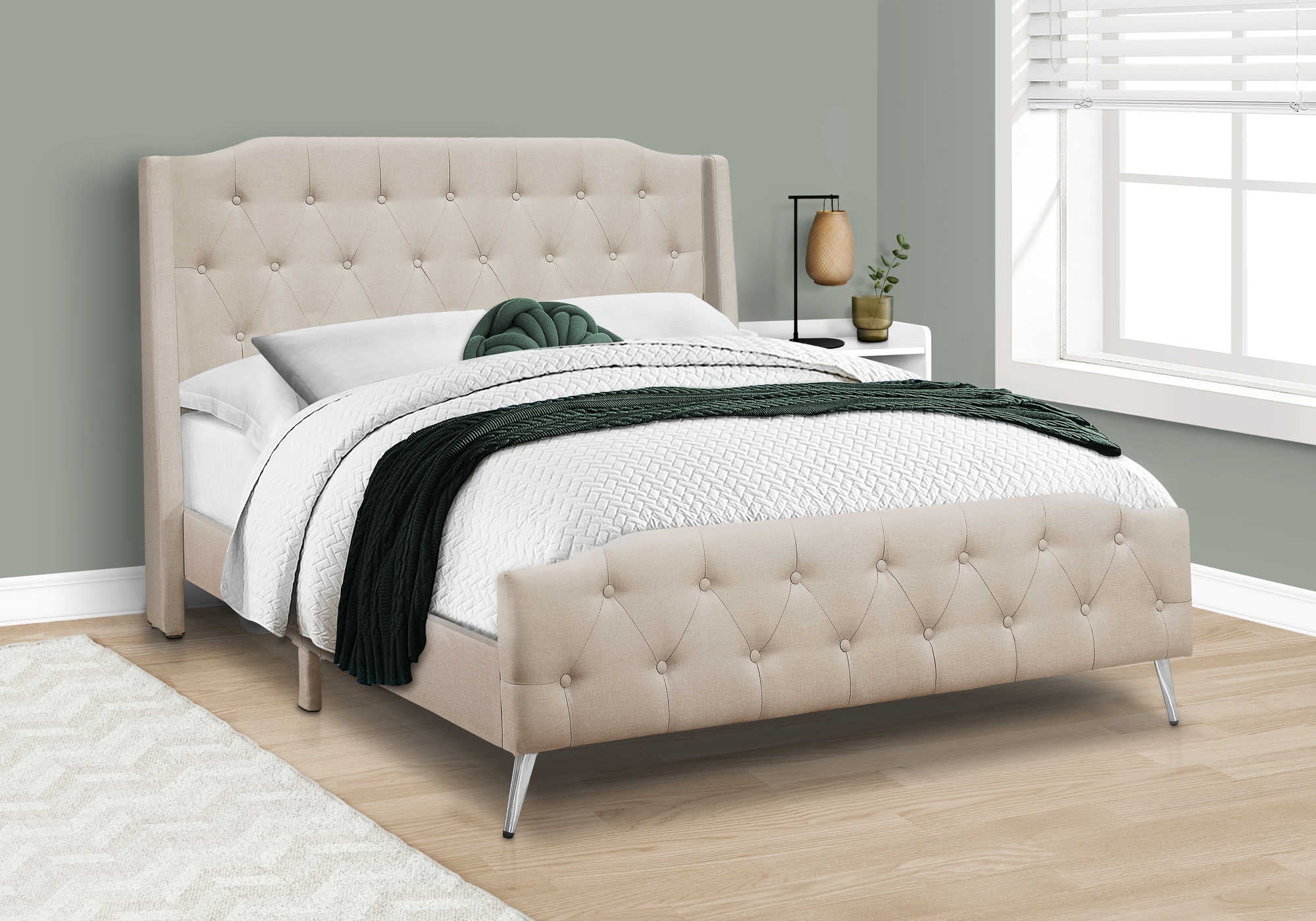 LIT - QUEEN SIZE / LIN BEIGE AVEC PIEDS EN MÉTAL CHROME
