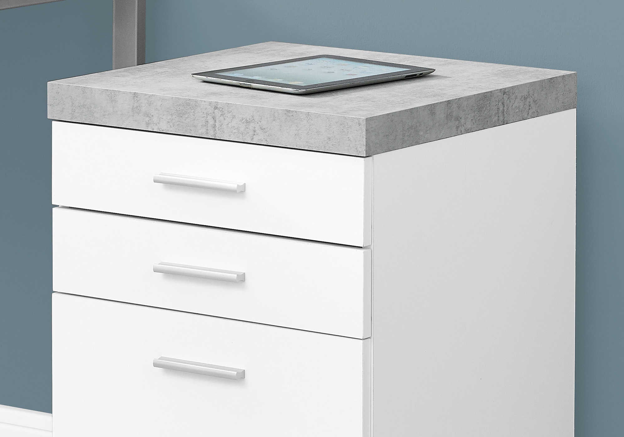 CLASSEUR - 3 TIROIRS / BLANC / ASPECT CIMENT SUR ROULETTE ( Meuble Mtl ) 
