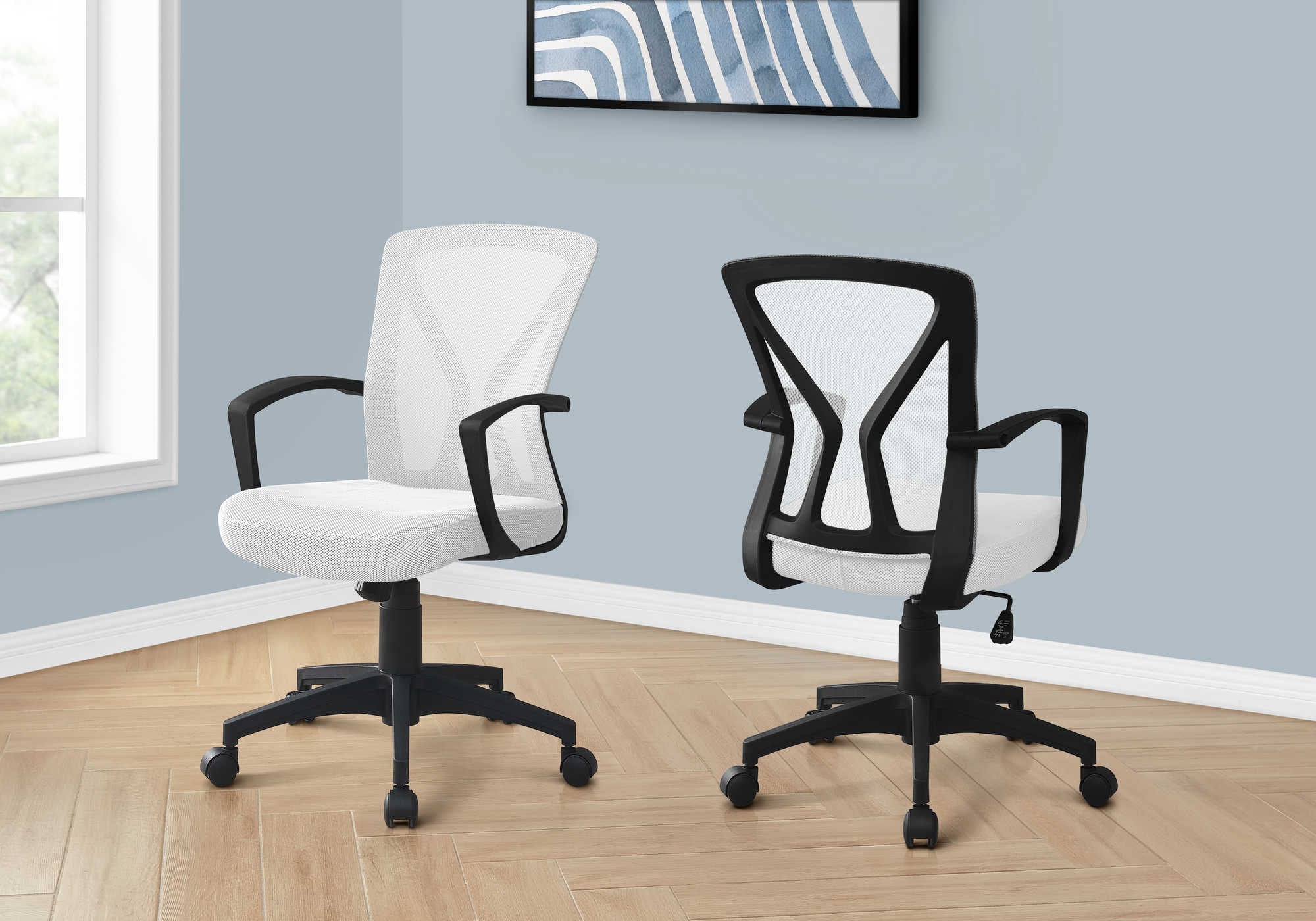 CHAISE DE BUREAU - BLANCHE / PIETEMENT NOIR SUR ROULETTES ( Meuble Mtl ) 