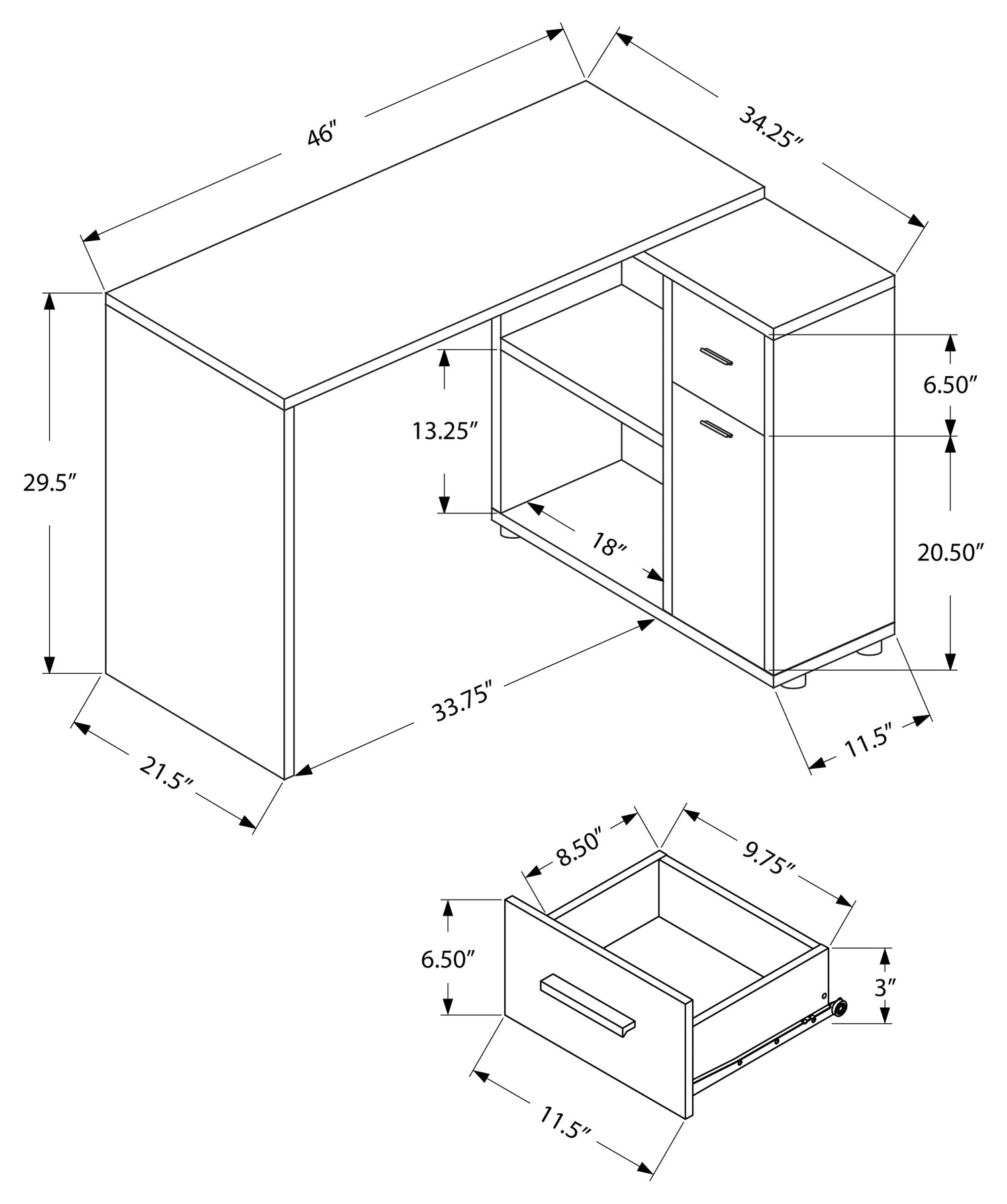 BUREAU D'ORDINATEUR - 46"L / CHÊNE BRUN / ARMOIRE DE RANGEMENT ( Meuble Mtl ) 