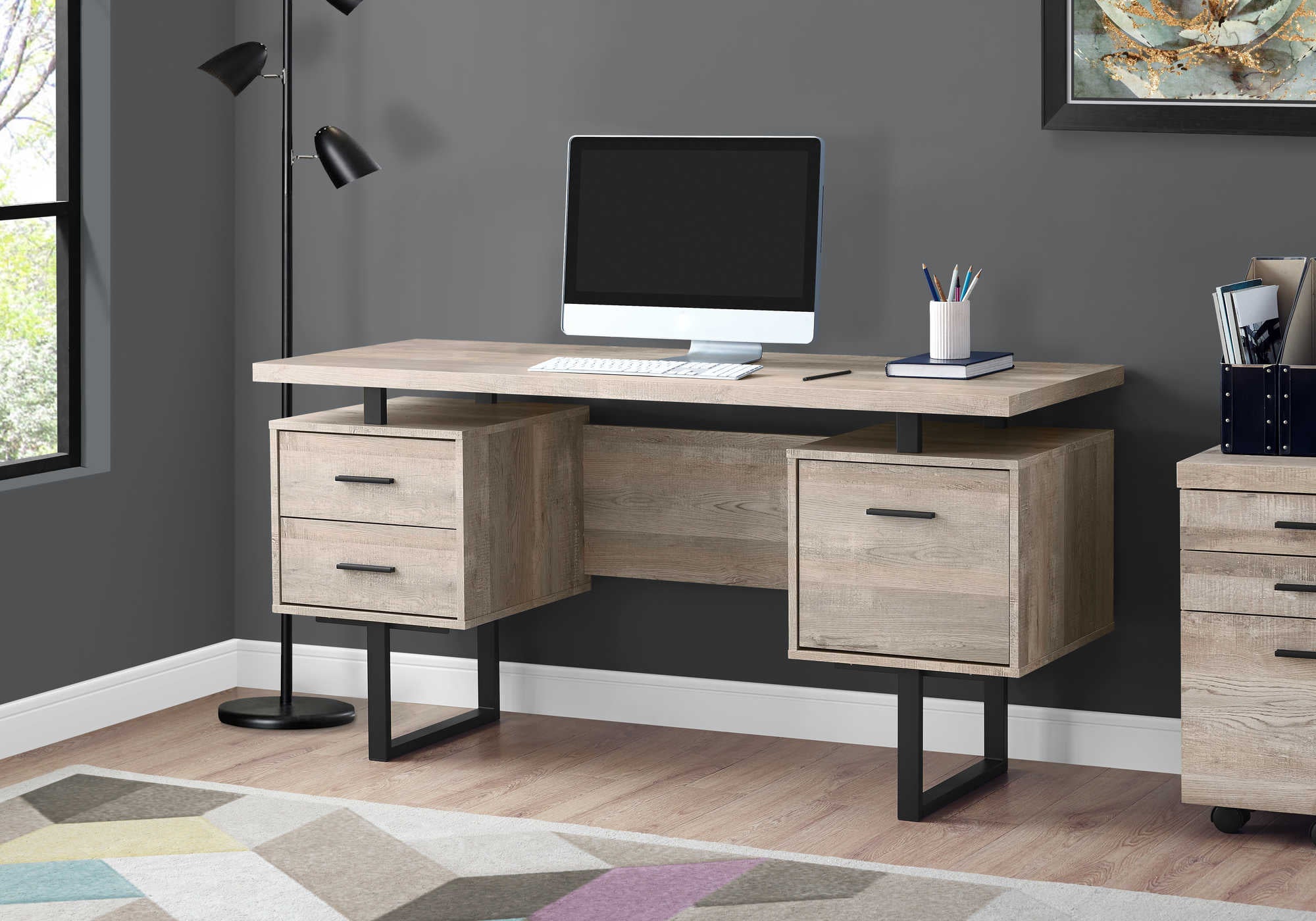 BUREAU D'ORDINATEUR - 60"L / BOIS DE RÉCUPÉRATION TAUPE / MÉTAL NOIR ( Meuble Mtl ) 