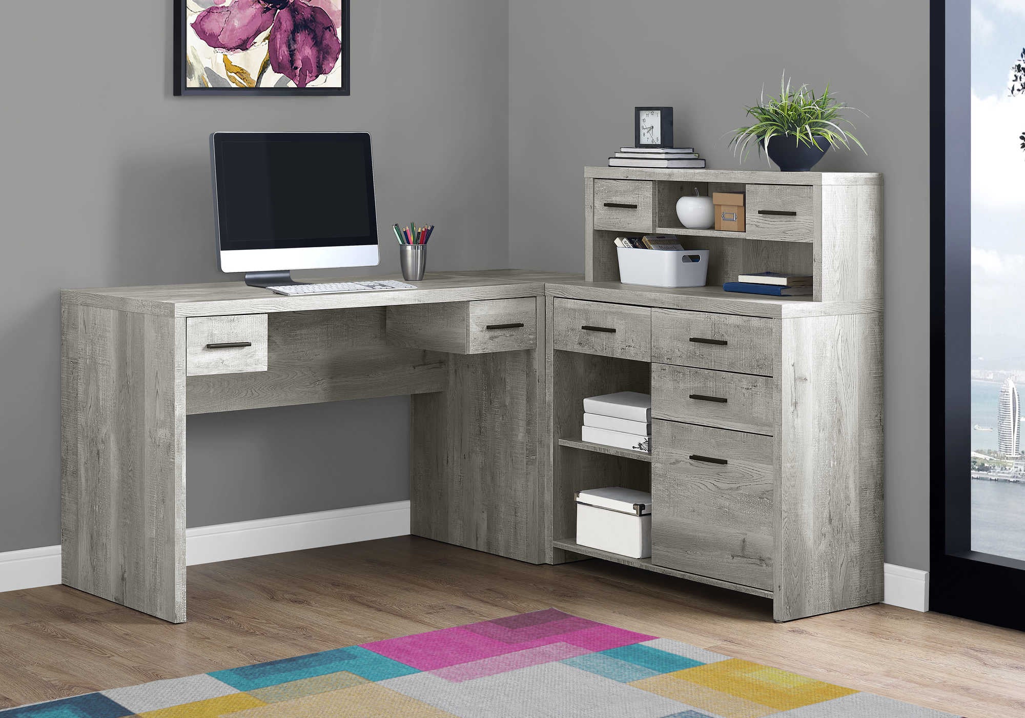 BUREAU D'ORDINATEUR - BOIS DE RÉCUPÉRATION GRIS COIN G/D ( Meuble Mtl ) 