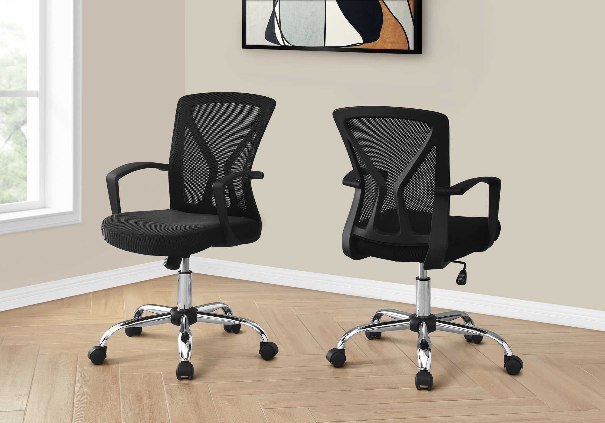 CHAISE DE BUREAU - NOIR / PIETEMENT CHROME SUR ROULETTES ( Meuble Mtl ) 