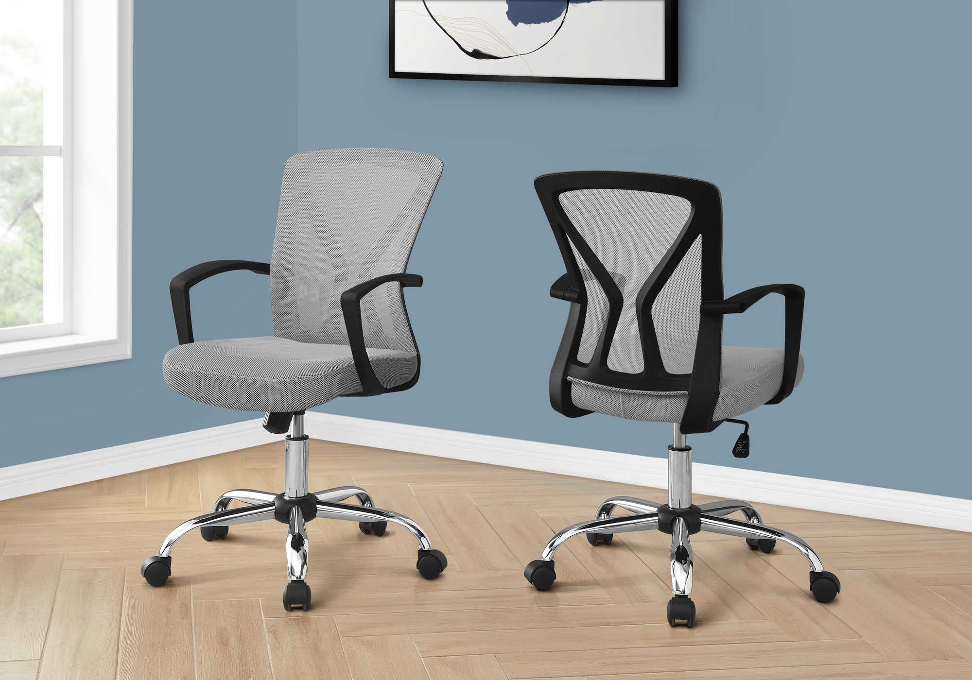 CHAISE DE BUREAU - GRIS / PIETEMENT CHROME SUR ROULETTES ( Meuble Mtl ) 