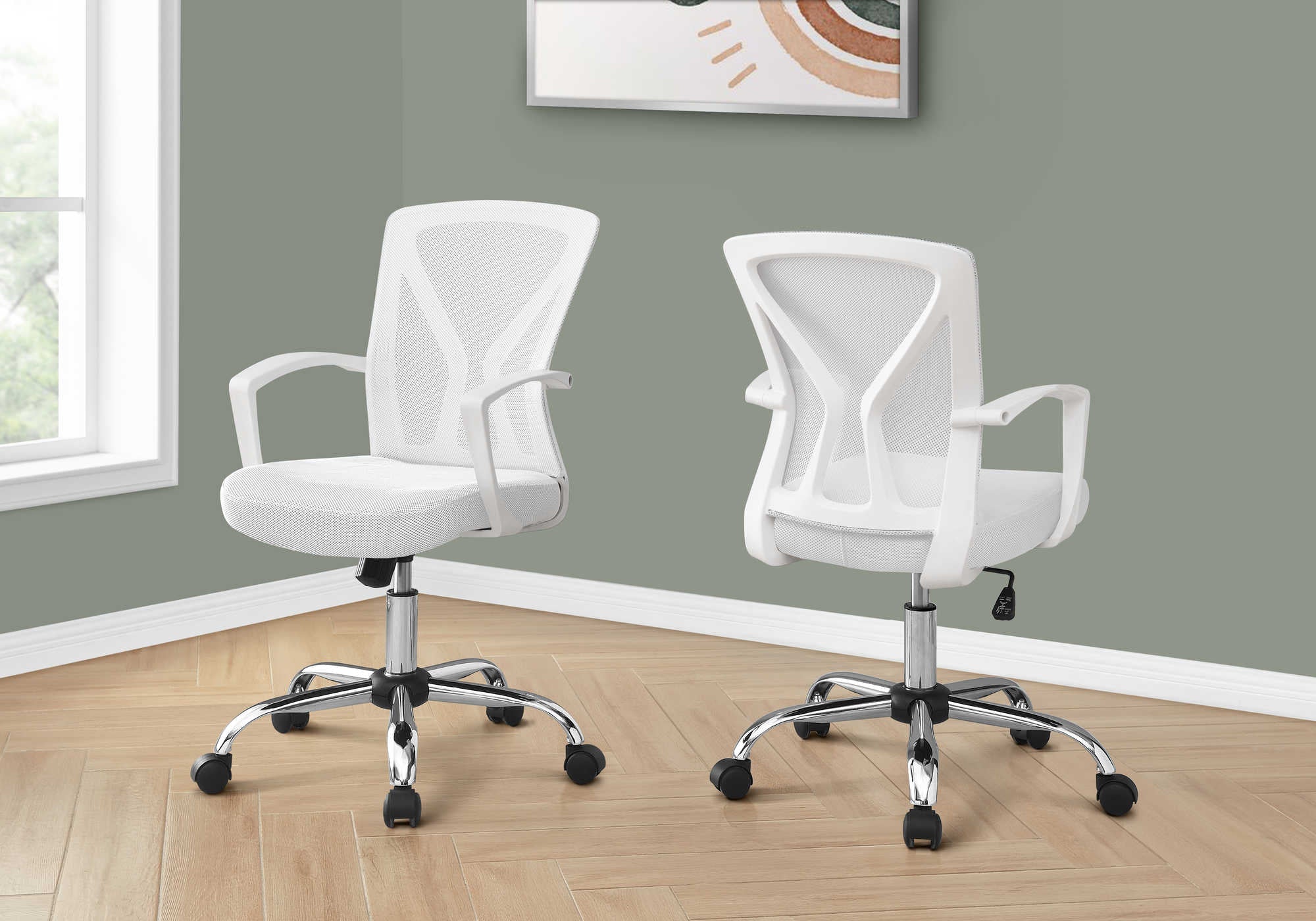 CHAISE DE BUREAU - BLANCHE / PIETEMENT CHROME SUR ROULETTES ( Meuble Mtl ) 