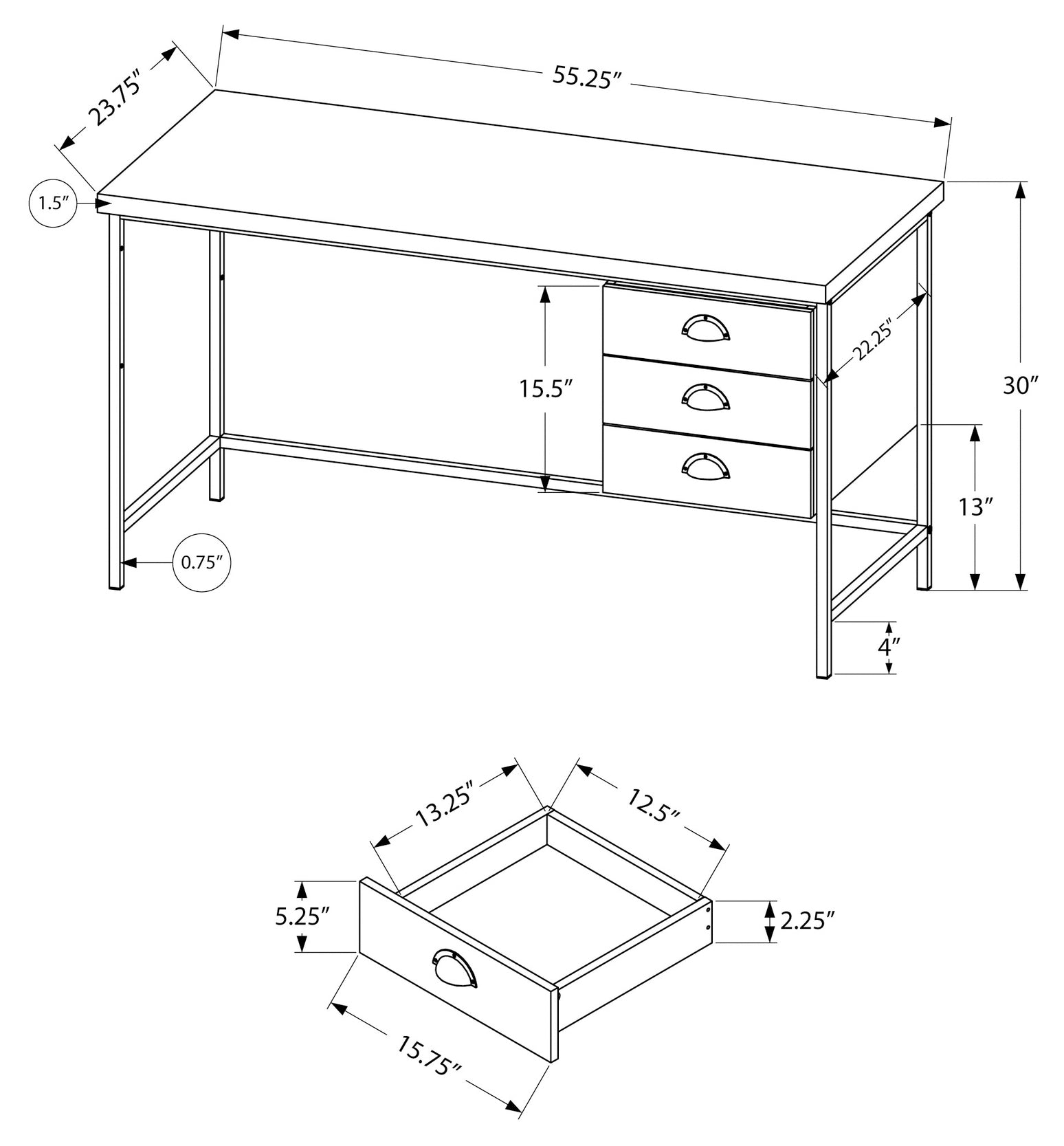 BUREAU D'ORDINATEUR - 55"L / BOIS BRUN / MÉTAL NOIR ( Meuble Mtl ) 