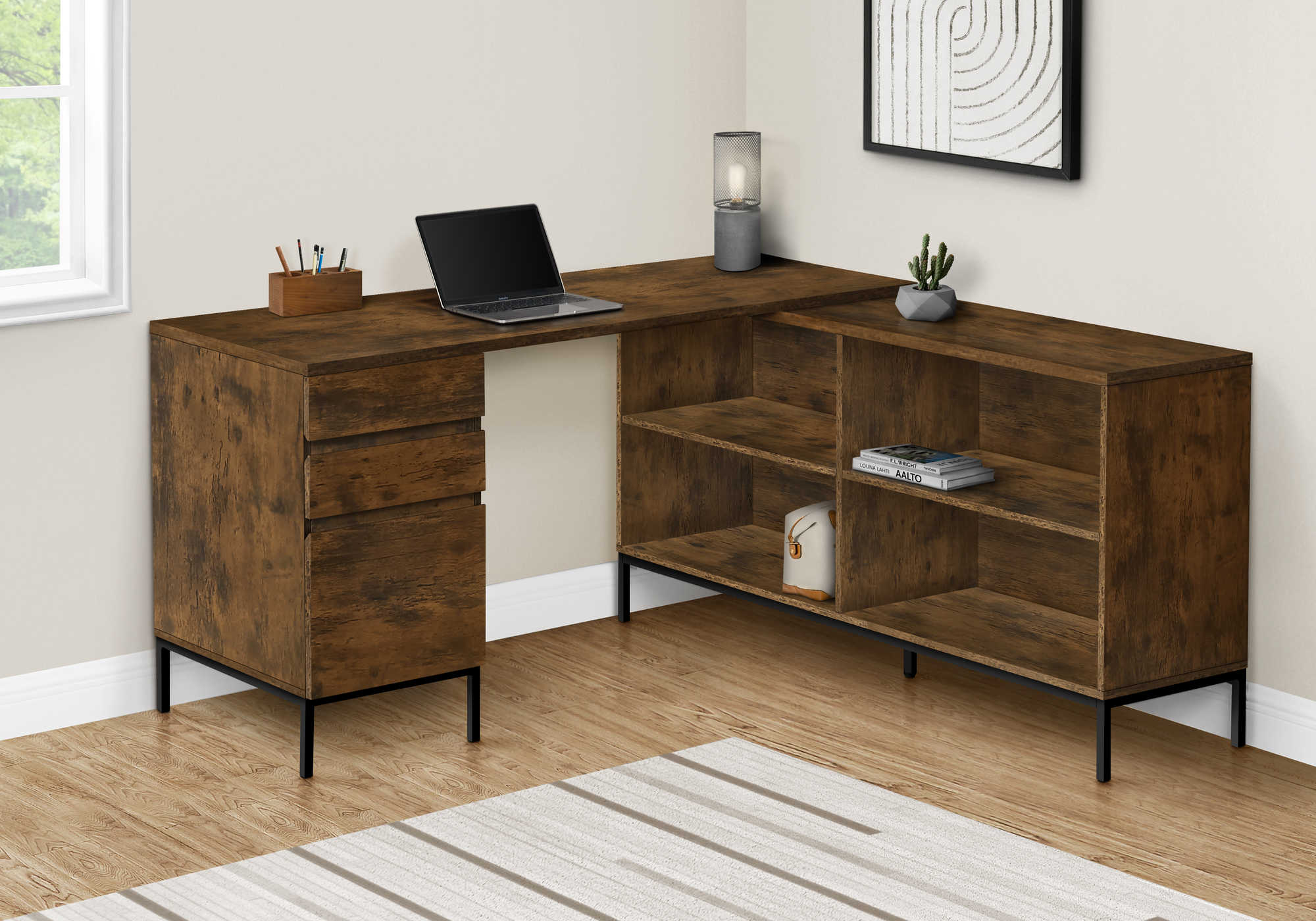 BUREAU D'ORDINATEUR - 60"L / COIN EN L BRUN RUSTIQUE ( Meuble Mtl ) 