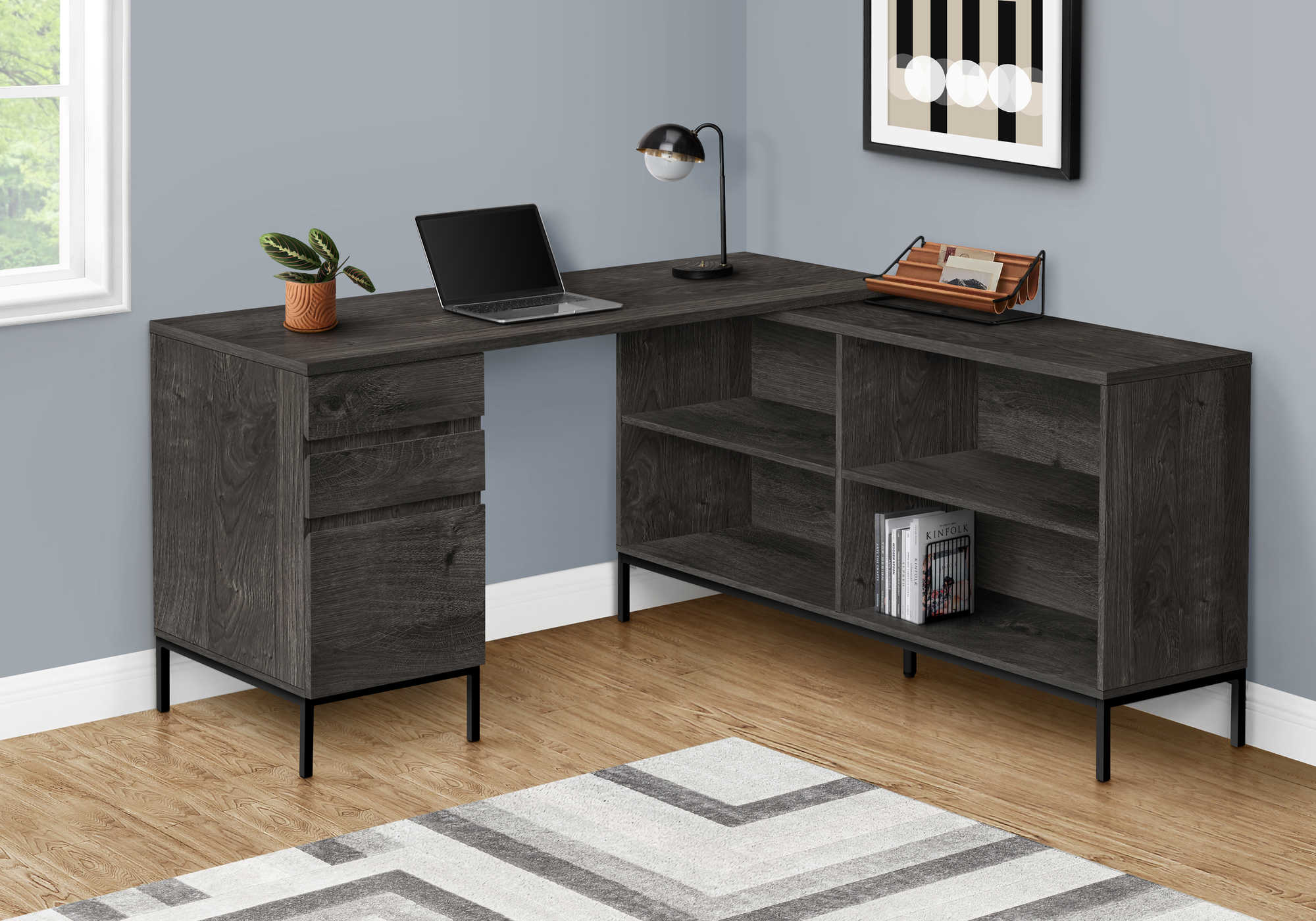 BUREAU D'ORDINATEUR - 60"L / COIN EN L GRIS FONCÉ ( Meuble Mtl ) 