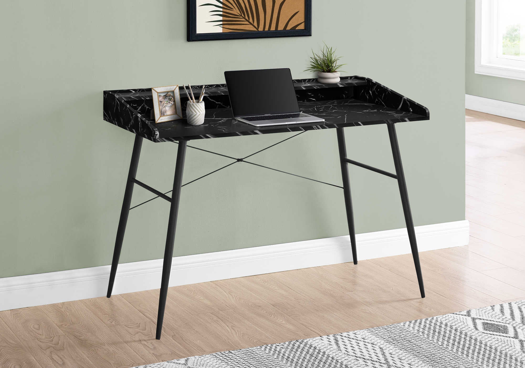 BUREAU D'ORDINATEUR - 48"L / ASPECT MARBRE NOIR / MÉTAL NOIR ( Meuble Mtl ) 