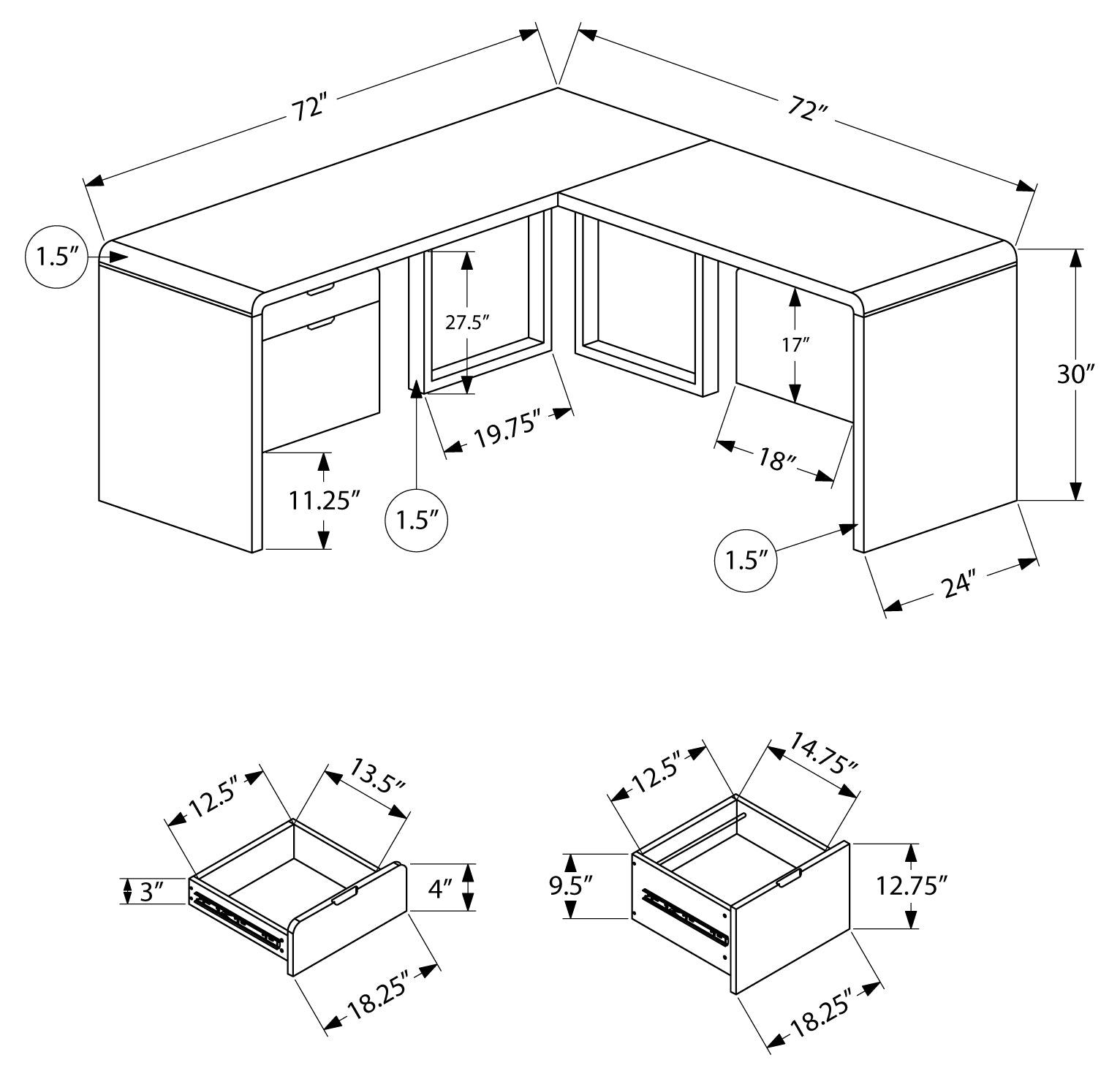BUREAU D'ORDINATEUR - 72"L / BLANC TRÈS BRILLANT GAUCHE/DROIT FACE ( Meuble Mtl ) 