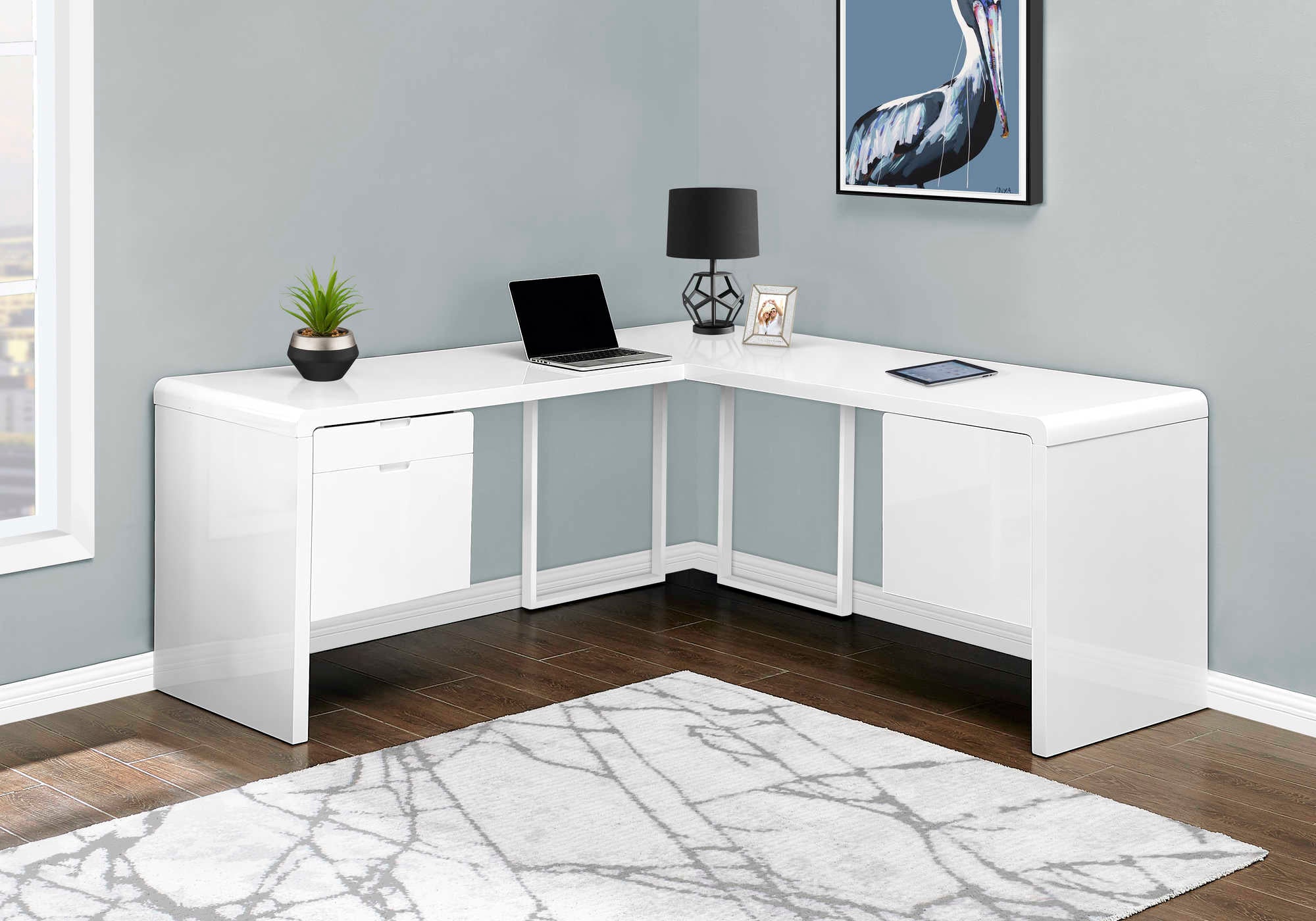 BUREAU D'ORDINATEUR - 72"L / BLANC TRÈS BRILLANT GAUCHE/DROIT FACE ( Meuble Mtl ) 