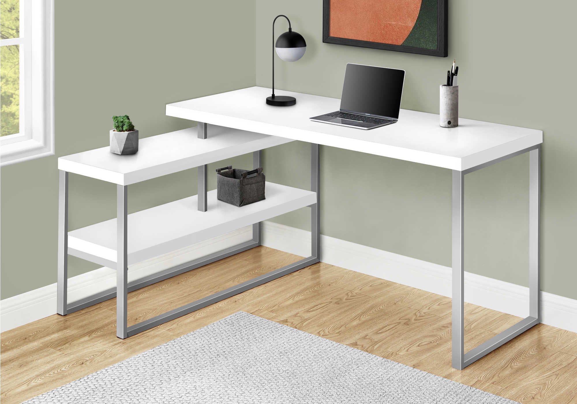 BUREAU D'ORDINATEUR - 60"L / BLANC / METAL ARGENT COIN G/D ( Meuble Mtl ) 