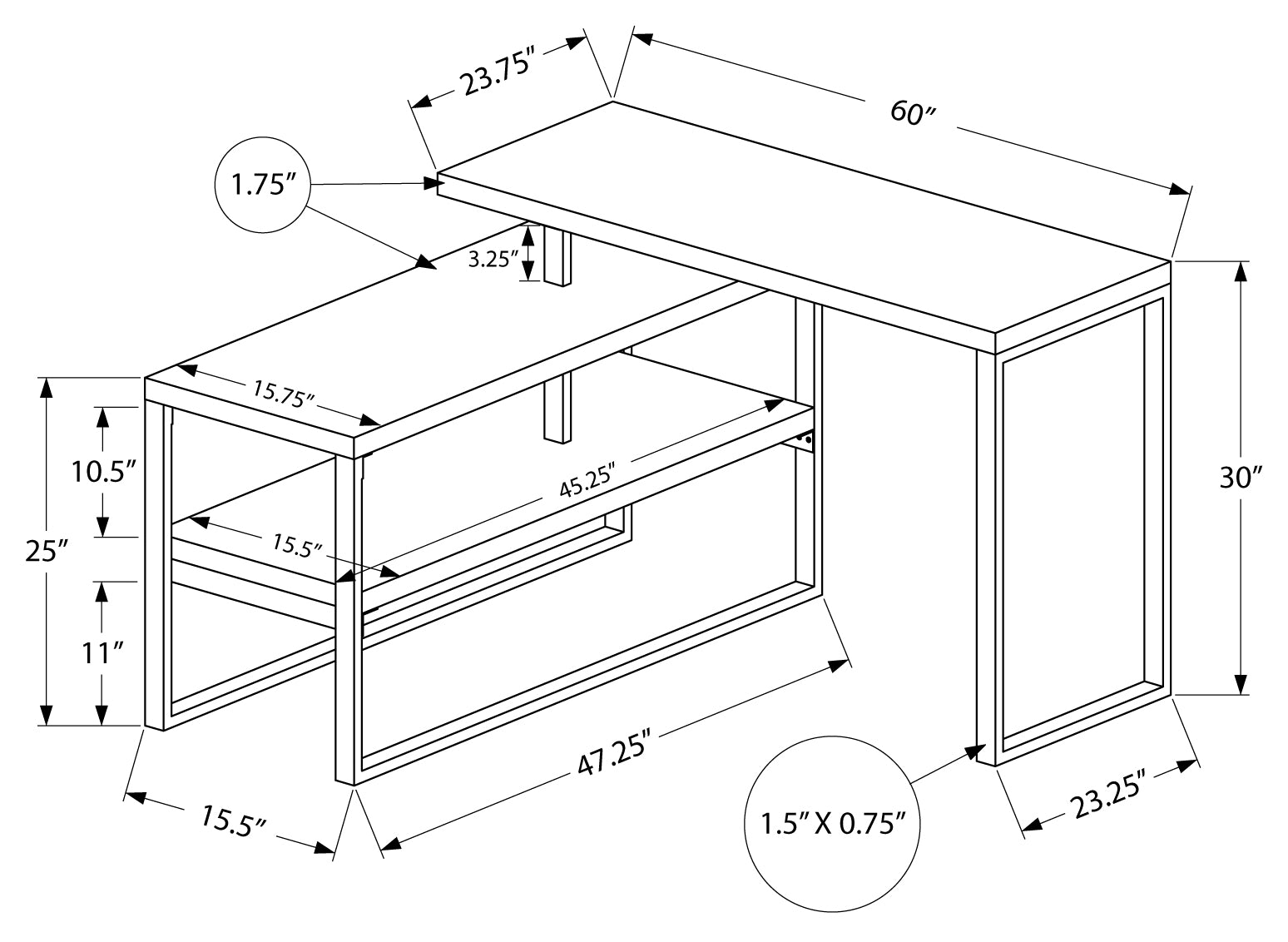 BUREAU D'ORDINATEUR - 60"L / BLANC / METAL ARGENT COIN G/D ( Meuble Mtl ) 
