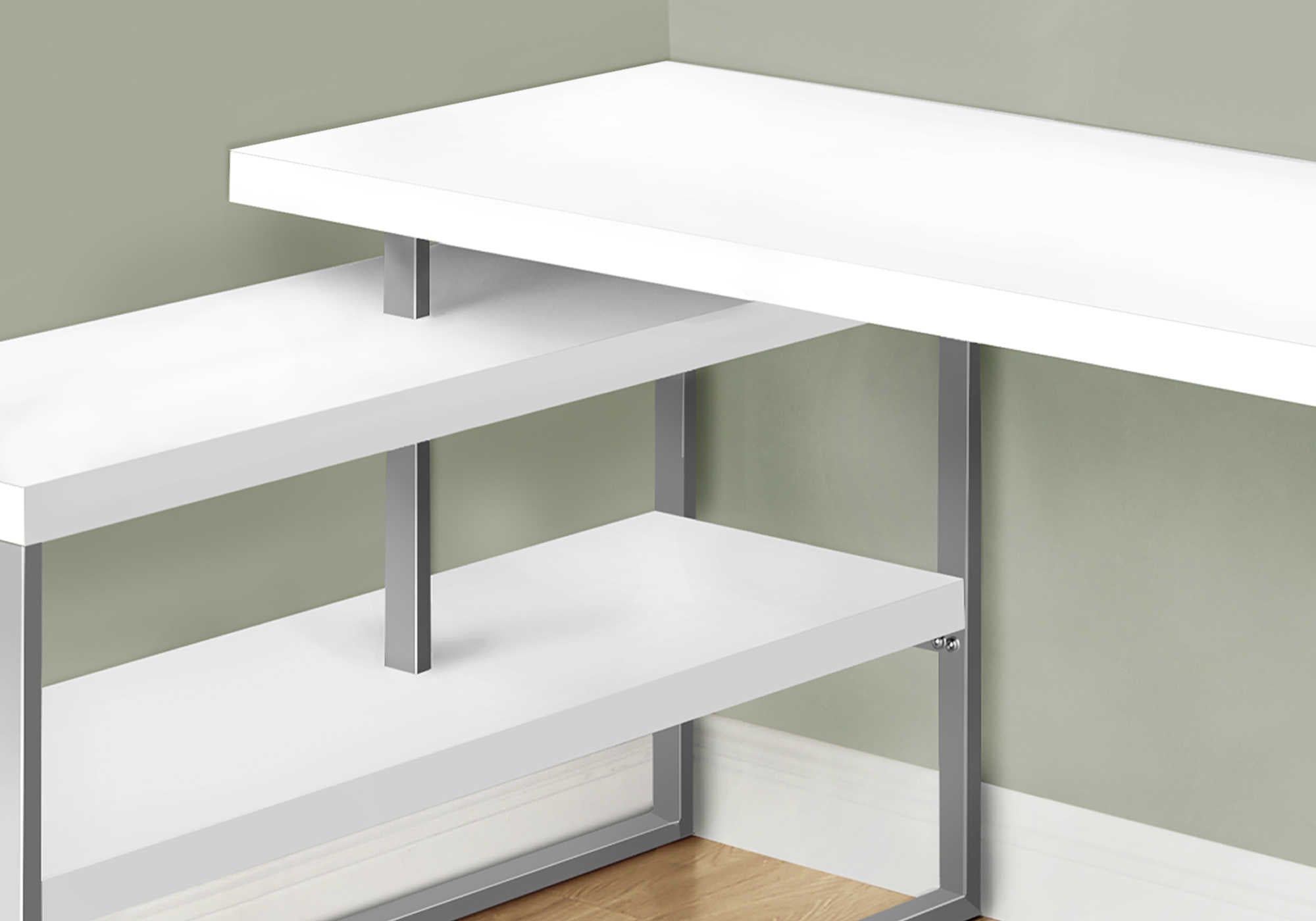 BUREAU D'ORDINATEUR - 60"L / BLANC / METAL ARGENT COIN G/D ( Meuble Mtl ) 