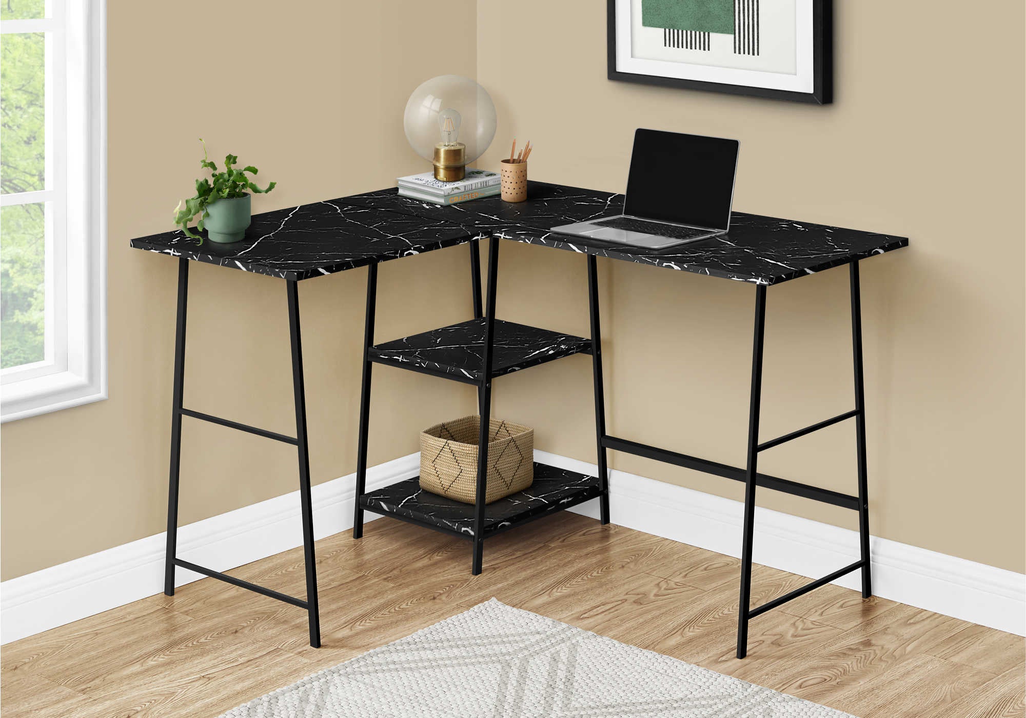 BUREAU D'ORDINATEUR - 48"L / MARBRE NOIR / COIN METAL NOIR ( Meuble Mtl ) 