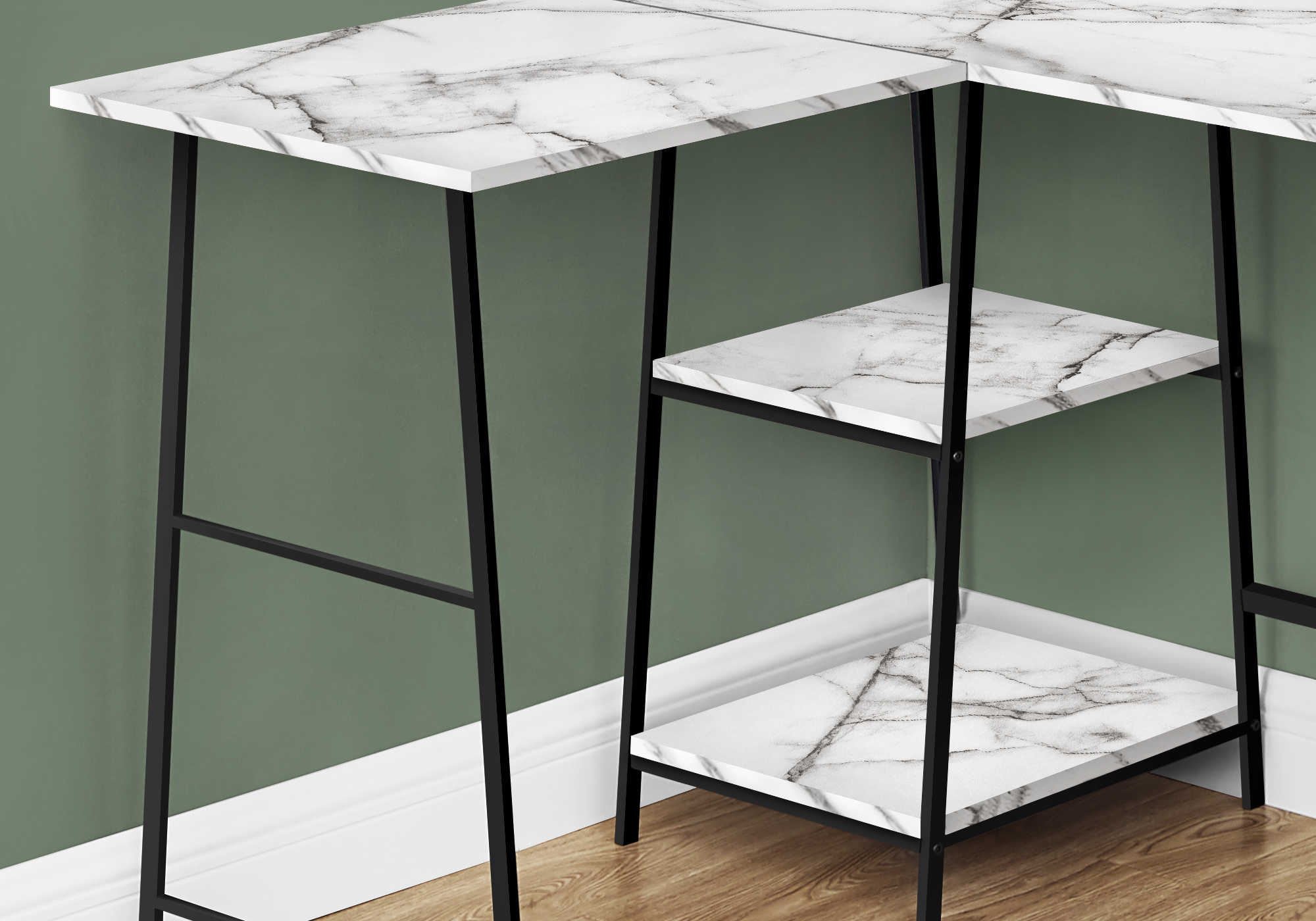 BUREAU D'ORDINATEUR - 48"L / MARBRE BLANC / COIN METAL NOIR ( Meuble Mtl ) 