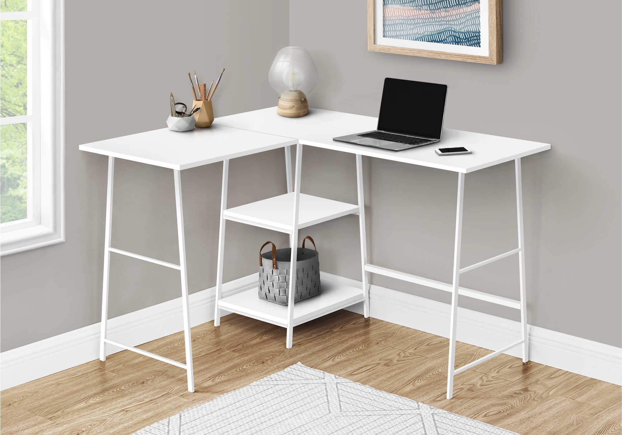 BUREAU D'ORDINATEUR - 48"L / DESSUS BLANC / COIN METAL BLANC ( Meuble Mtl ) 