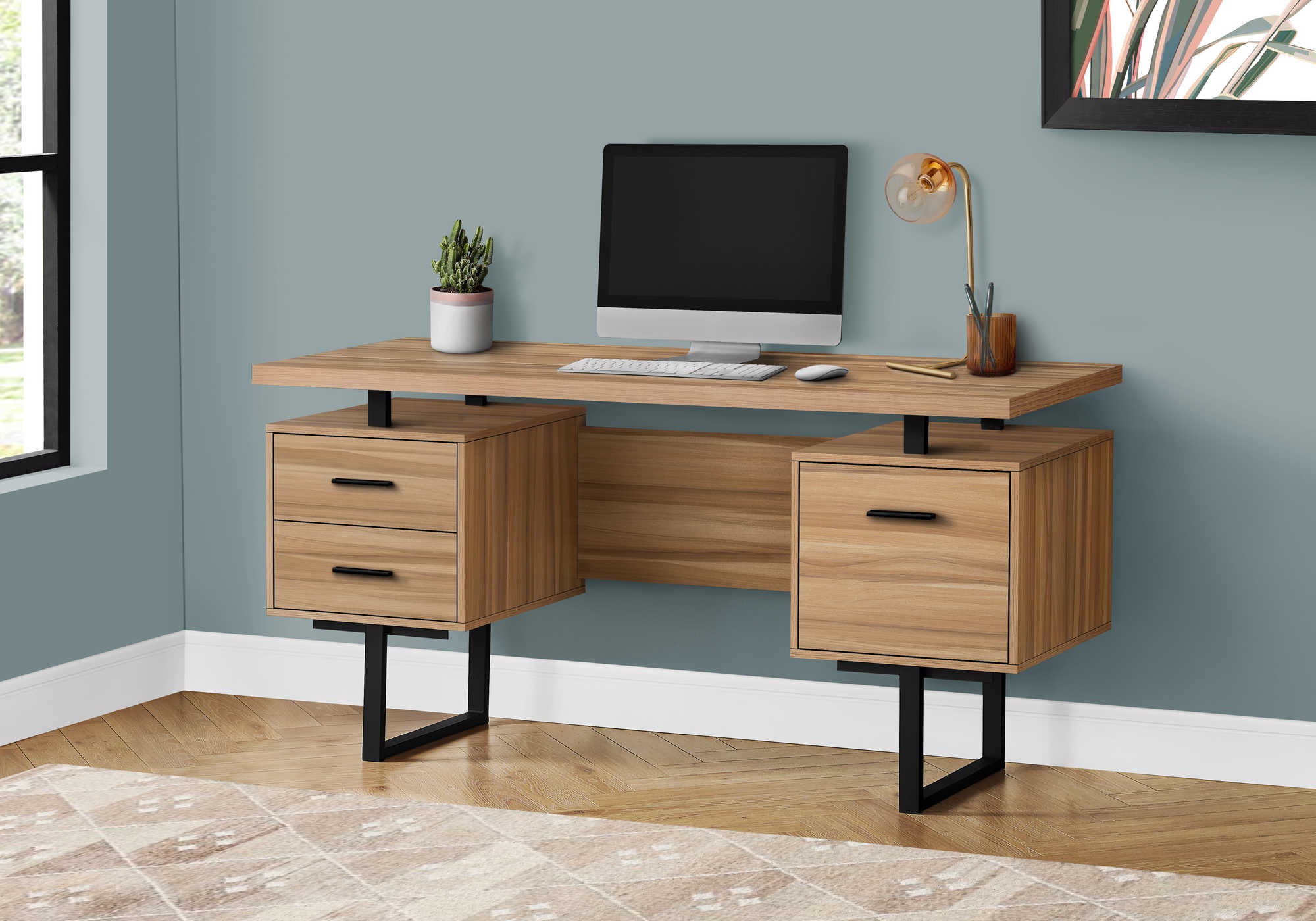BUREAU D'ORDINATEUR - 60"L / BOIS DE RÉCUPÉRATION LÉGER / MÉTAL NOIR ( Meuble Mtl ) 