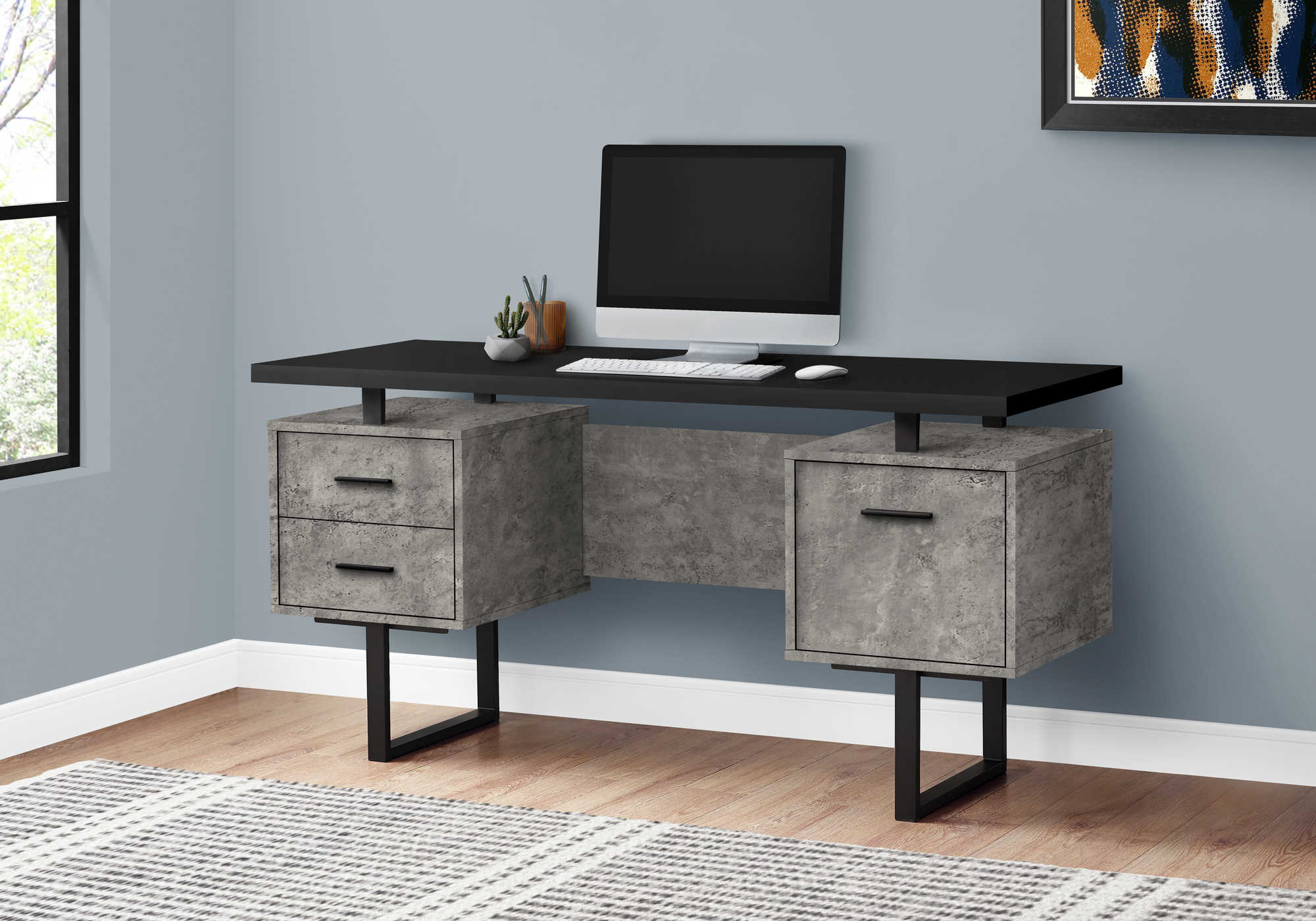 BUREAU D'ORDINATEUR - 60"L/NOIR/BÉTON GRIS/MÉTAL NOIR ( Meuble Mtl ) 