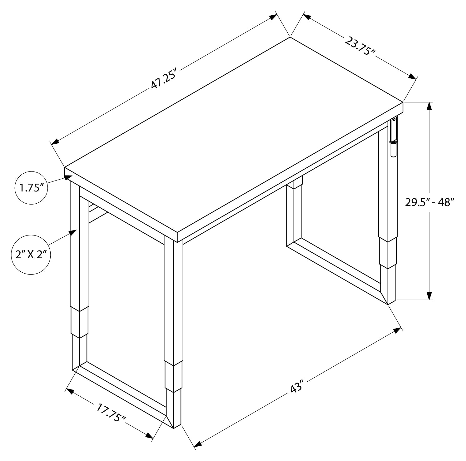 BUREAU D'ORDINATEUR - 48"L / BLANC / HAUTEUR AJUSTABLE/ METAL ARGENT ( Meuble Mtl ) 