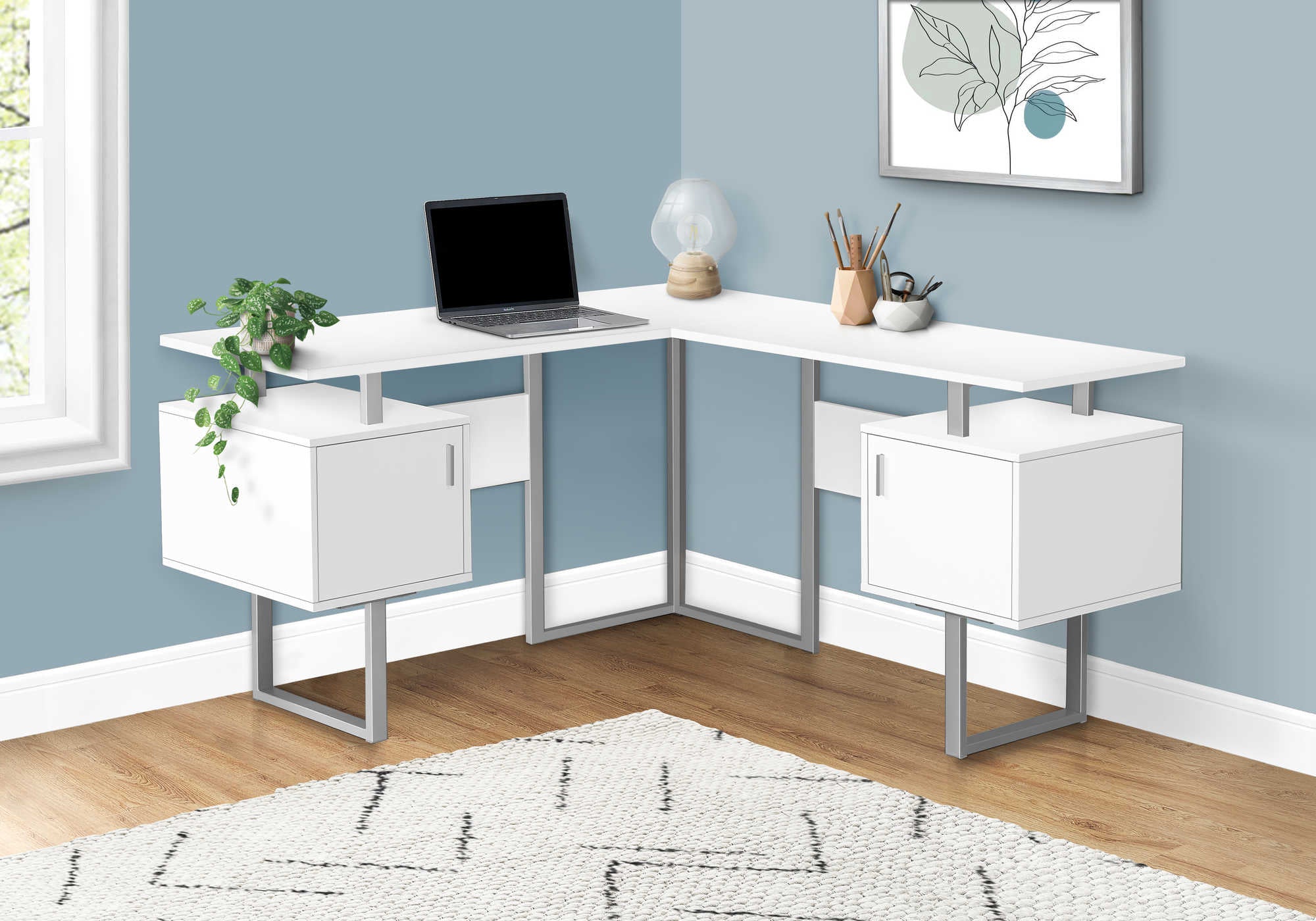 BUREAU D'ORDINATEUR - 58"L / BLANC / COIN METAL ARGENT ( Meuble Mtl ) 
