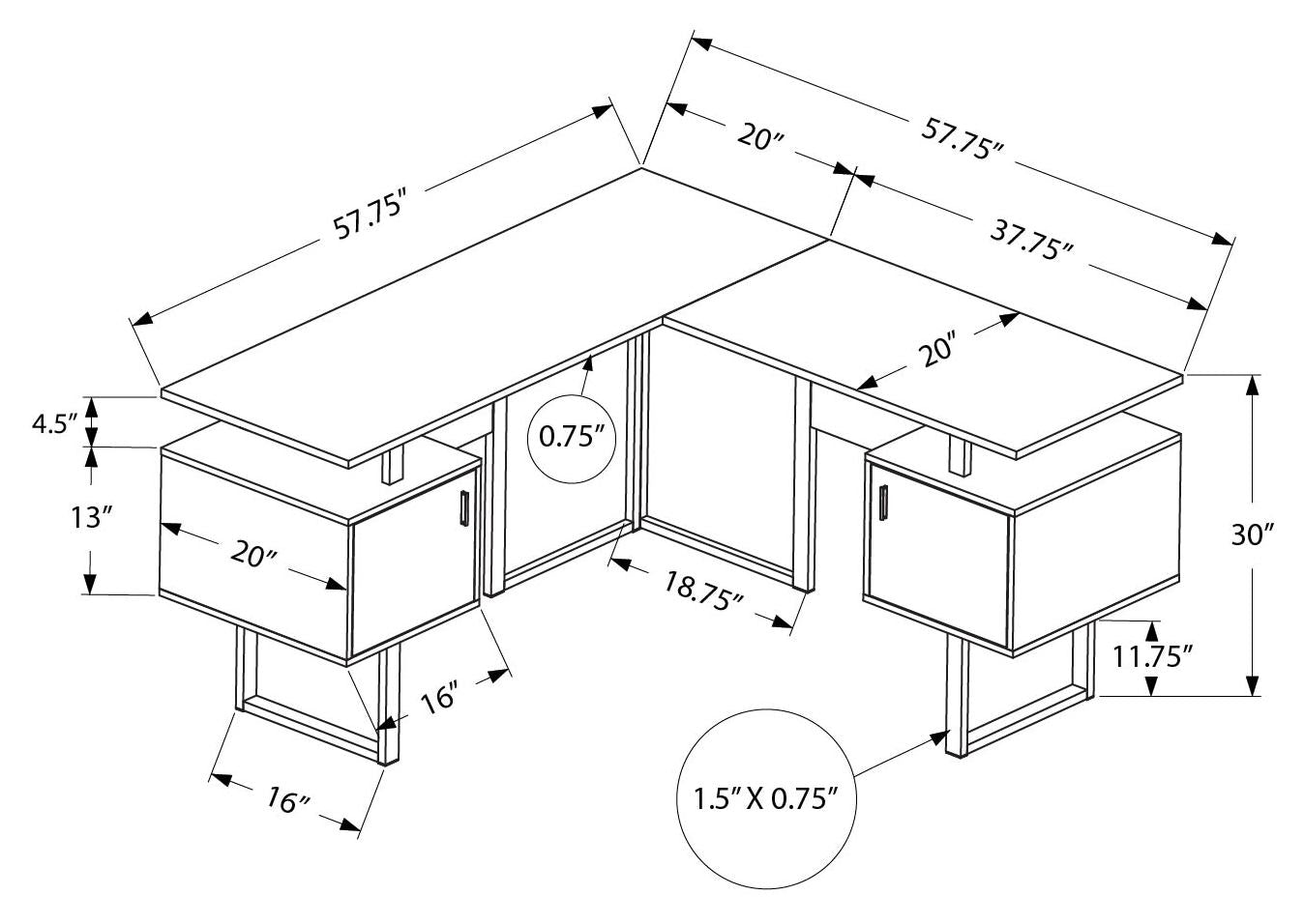 BUREAU D'ORDINATEUR - 58"L / BLANC / COIN METAL ARGENT ( Meuble Mtl ) 
