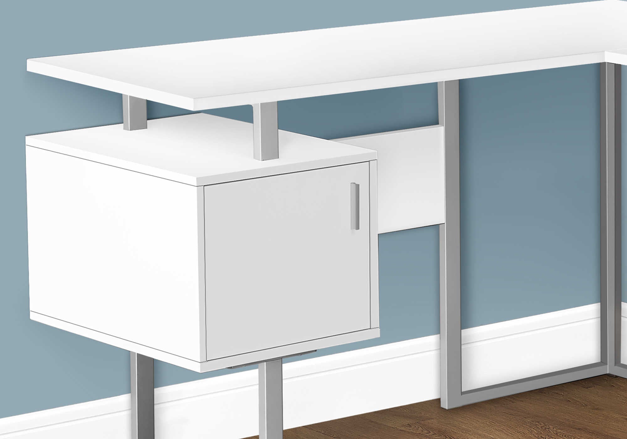 BUREAU D'ORDINATEUR - 58"L / BLANC / COIN METAL ARGENT ( Meuble Mtl ) 