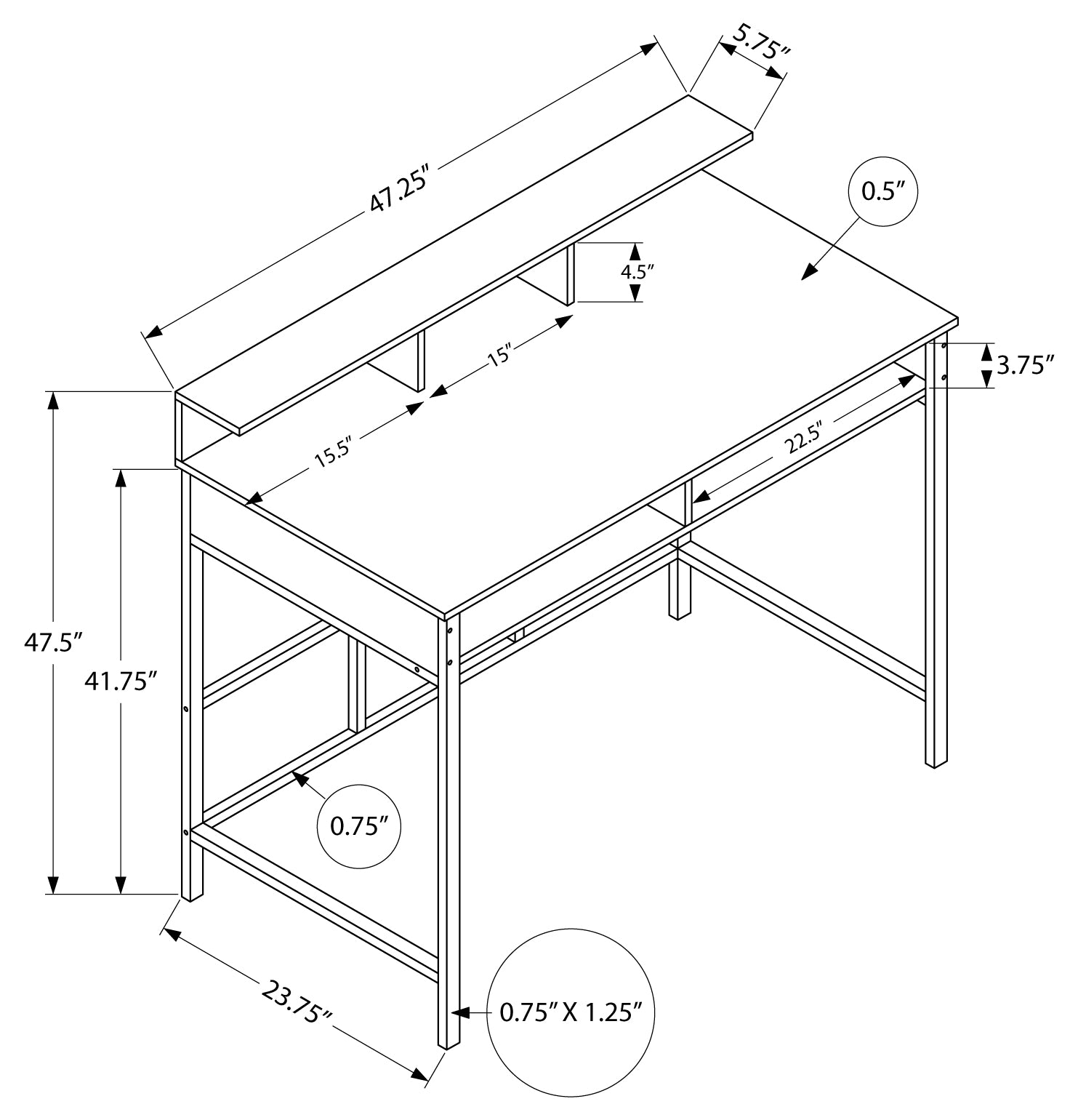 BUREAU D'ORDINATEUR - 48"L / BLANC / HAUTEUR DEBOUT BLANC ( Meuble Mtl ) 