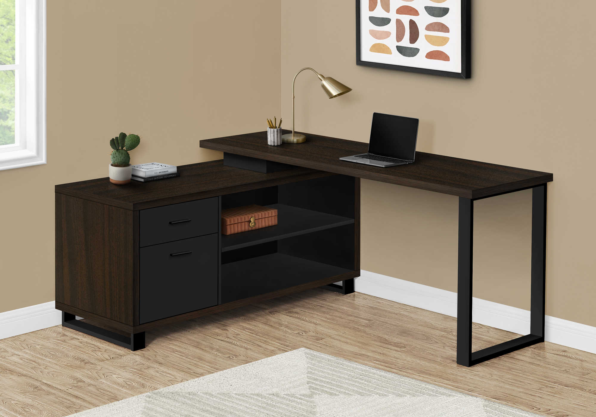 BUREAU D'ORDINATEUR - 72"L ESPRESSO / COIN EXÉCUTIF NOIR ( Meuble Mtl ) 