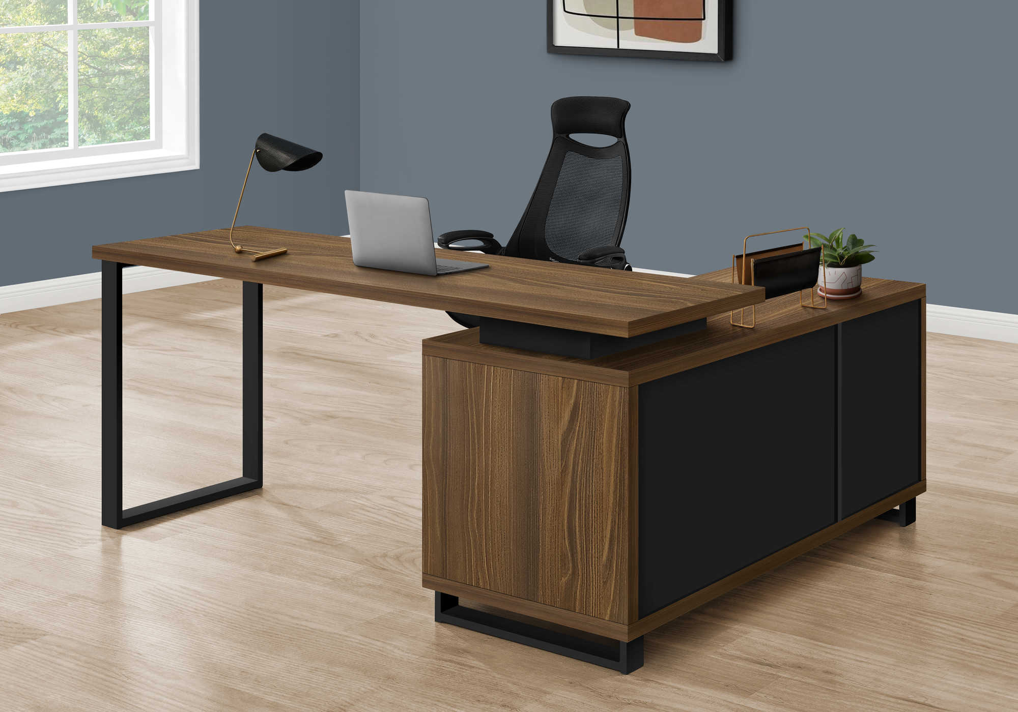 BUREAU D'ORDINATEUR - 72"L NOYER / COIN EXÉCUTIF NOIR ( Meuble Mtl ) 