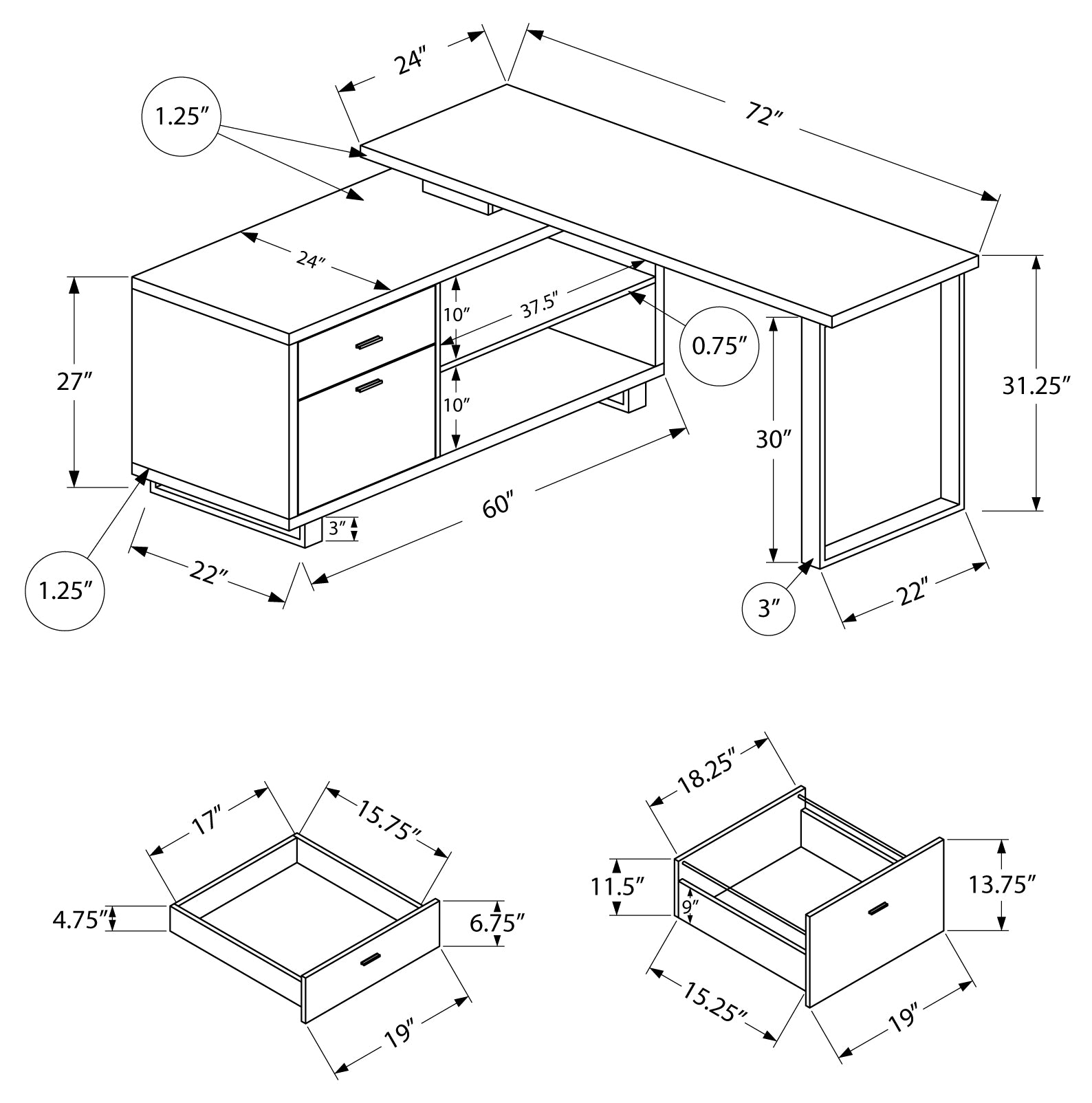 BUREAU D'ORDINATEUR - 72"L BÉTON GRIS/COIN EXÉCUTIF NOIR ( Meuble Mtl ) 